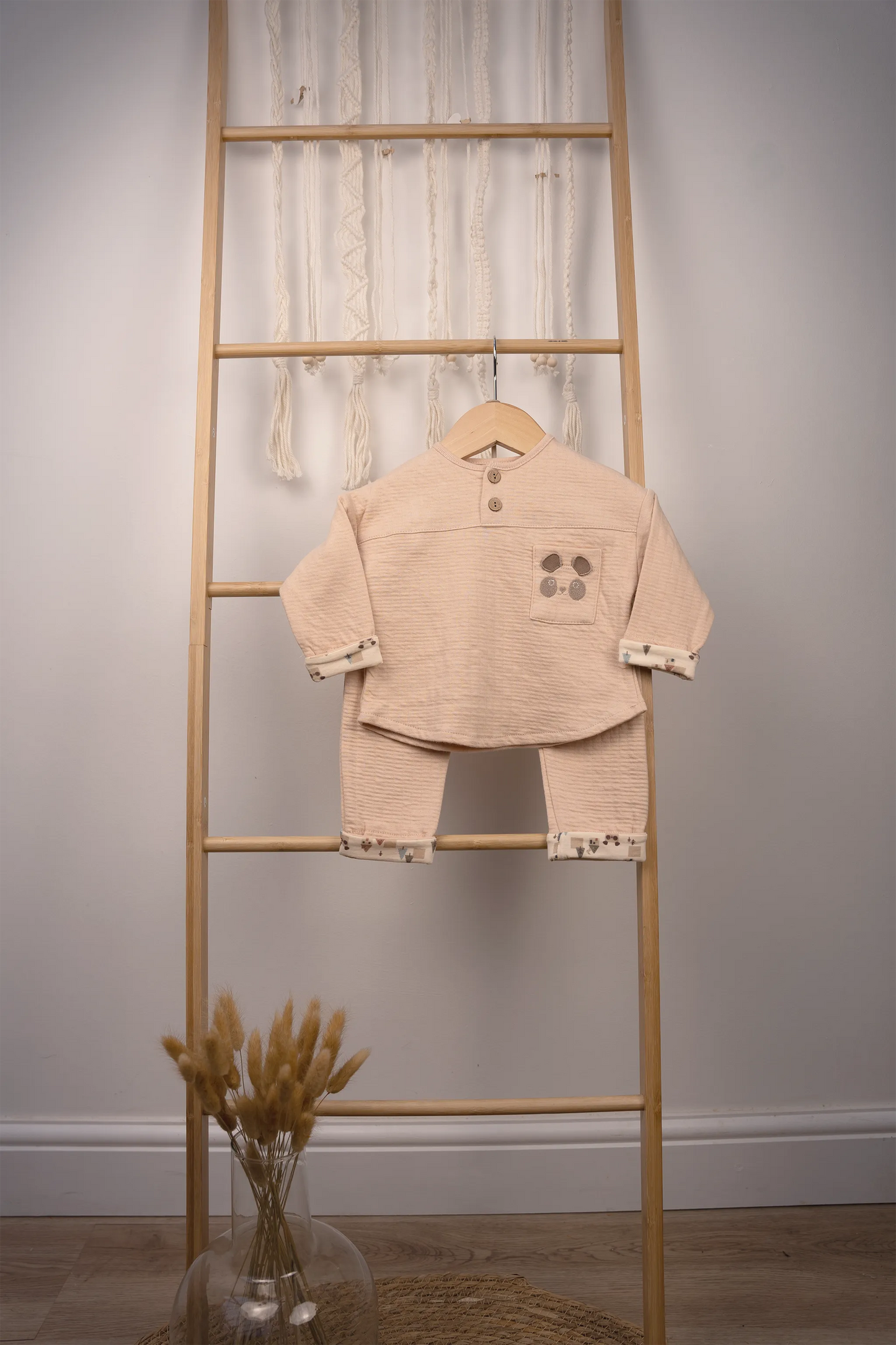 100% COTTON 2-PIECE BABY SET WITH PANDA EMBROIDERY & PRINTED CUFFS – GRAY, PEACH & BEIGE
