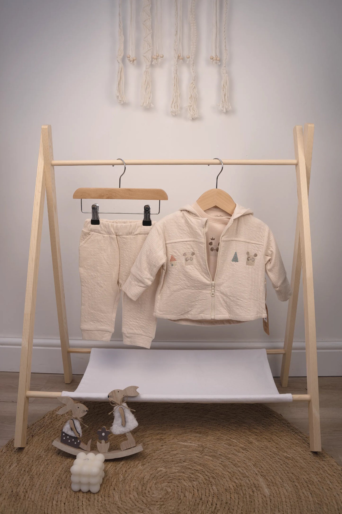 COTTON HOODED BABY ZIP-UP SET IN GRAY, BEIGE, GREEN, AND PEACH (0-12M)