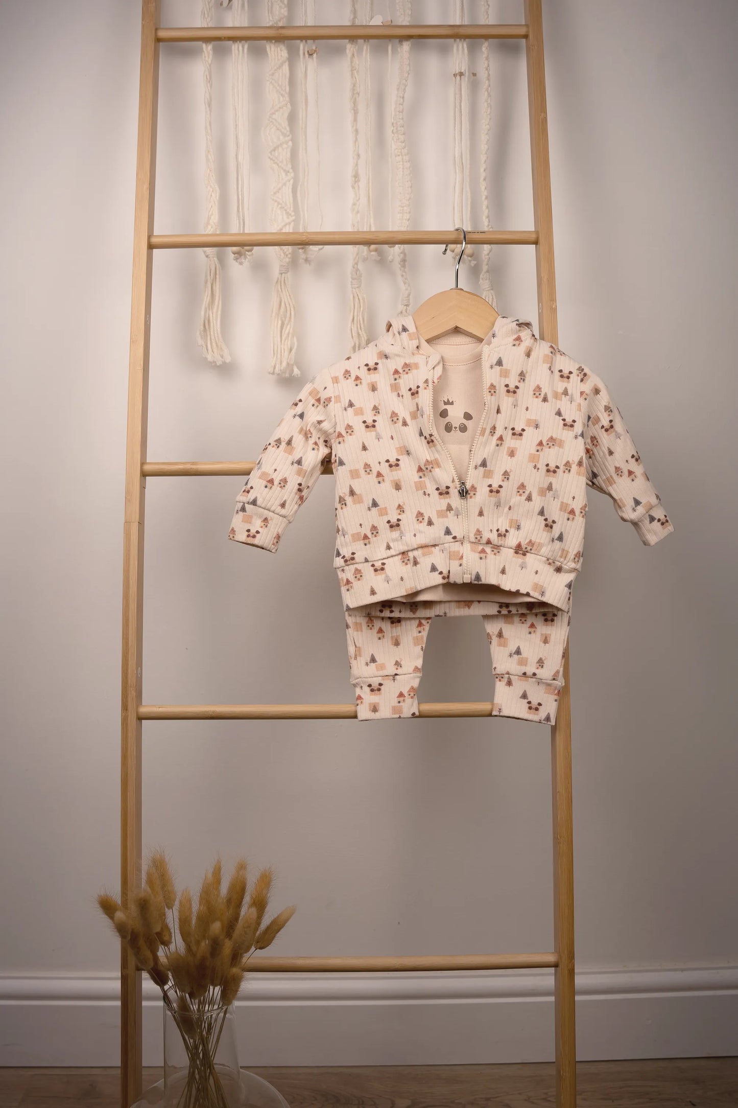 3-PIECE 100% COTTON PANDA HOODED OUTFIT SET – GRAY, GREEN, BEIGE, SALMON, AND PEACH