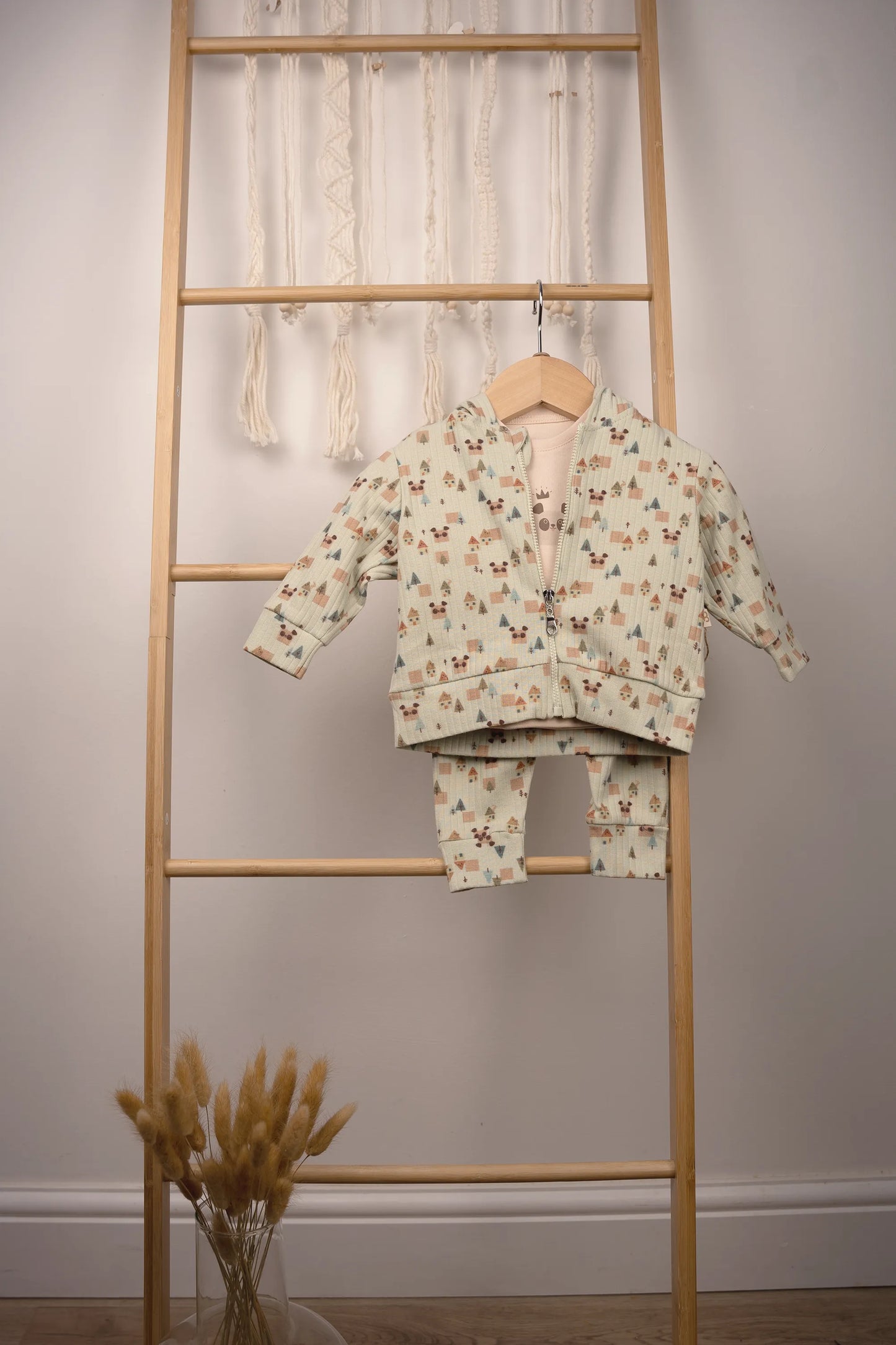 3-PIECE 100% COTTON PANDA HOODED OUTFIT SET – GRAY, GREEN, BEIGE, SALMON, AND PEACH