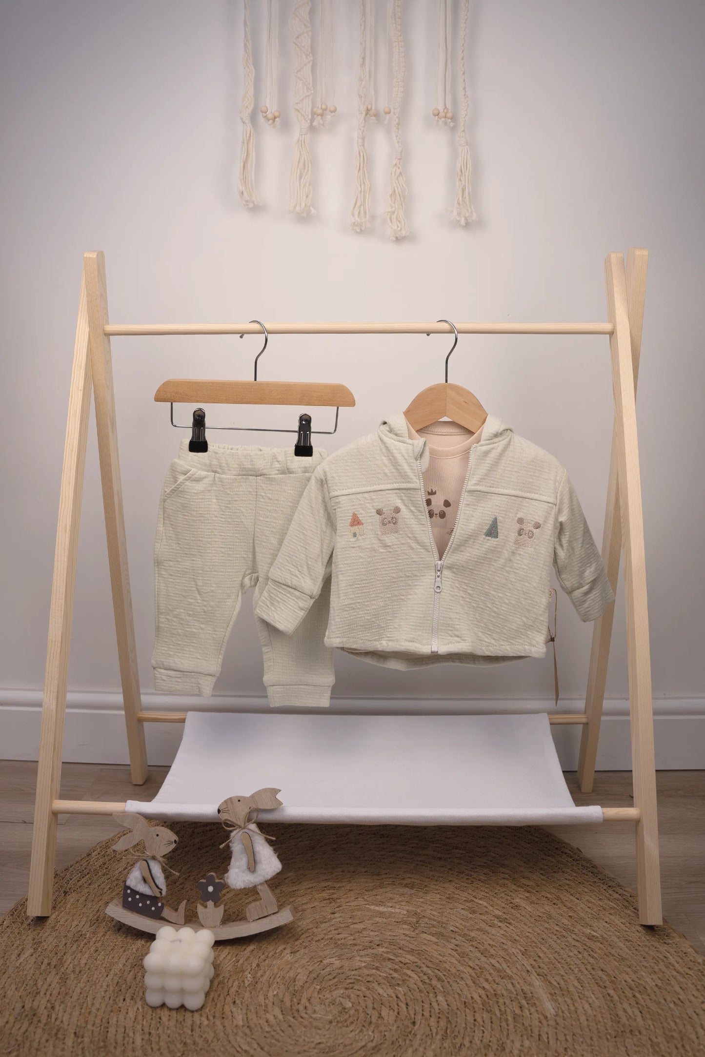 COTTON HOODED BABY ZIP-UP SET IN GRAY, BEIGE, GREEN, AND PEACH (0-12M)