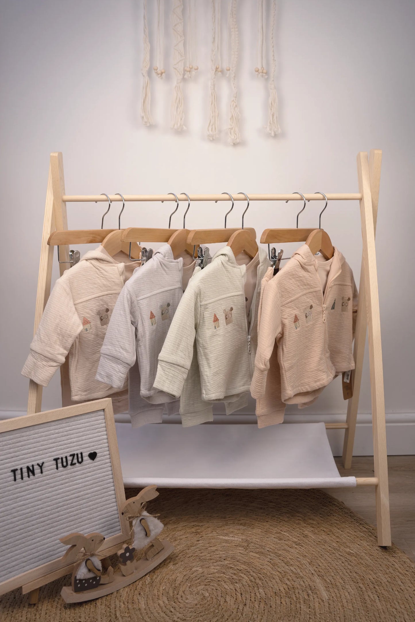 COTTON HOODED BABY ZIP-UP SET IN GRAY, BEIGE, GREEN, AND PEACH (0-12M)