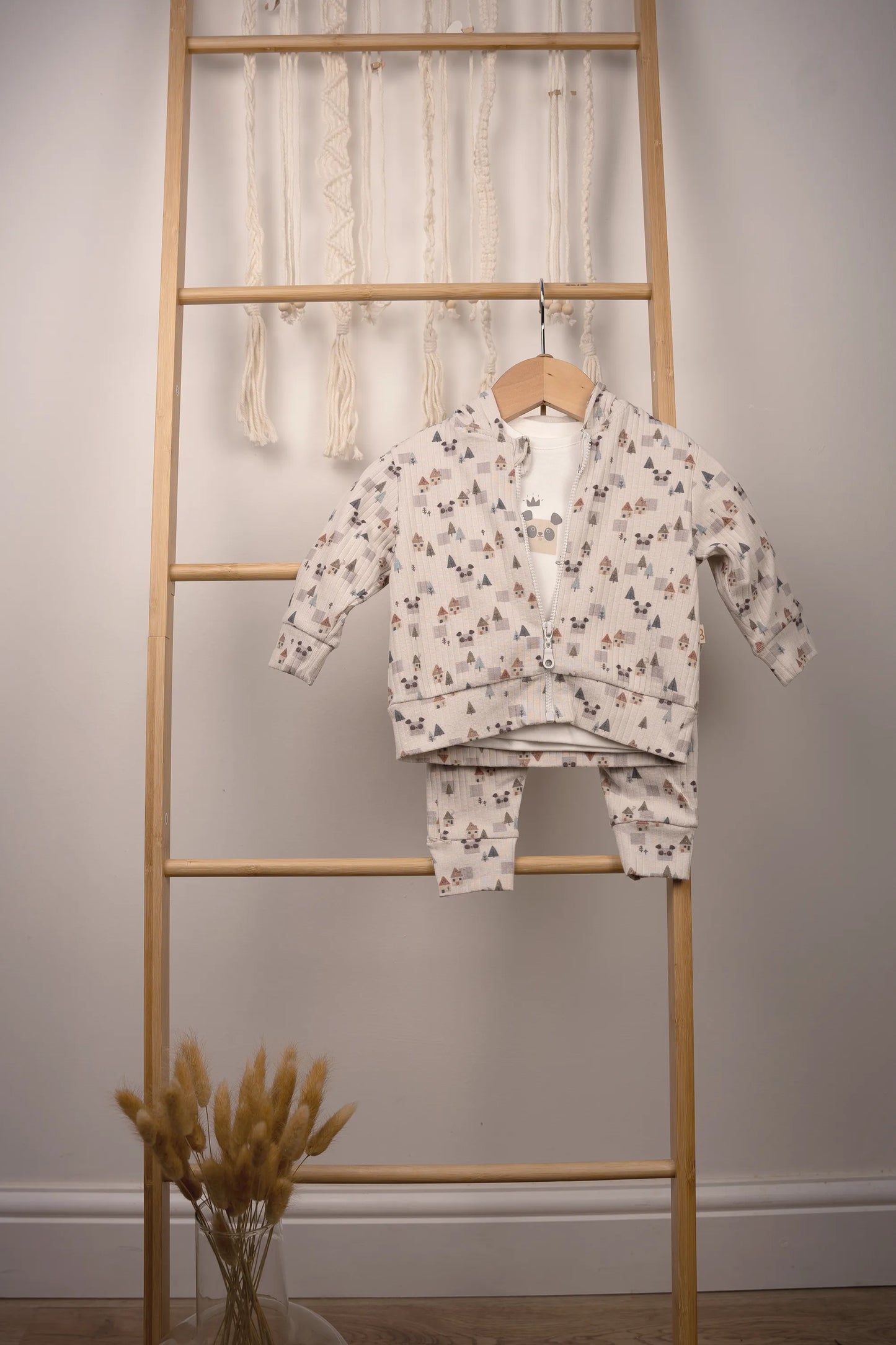 3-PIECE 100% COTTON PANDA HOODED OUTFIT SET – GRAY, GREEN, BEIGE, SALMON, AND PEACH
