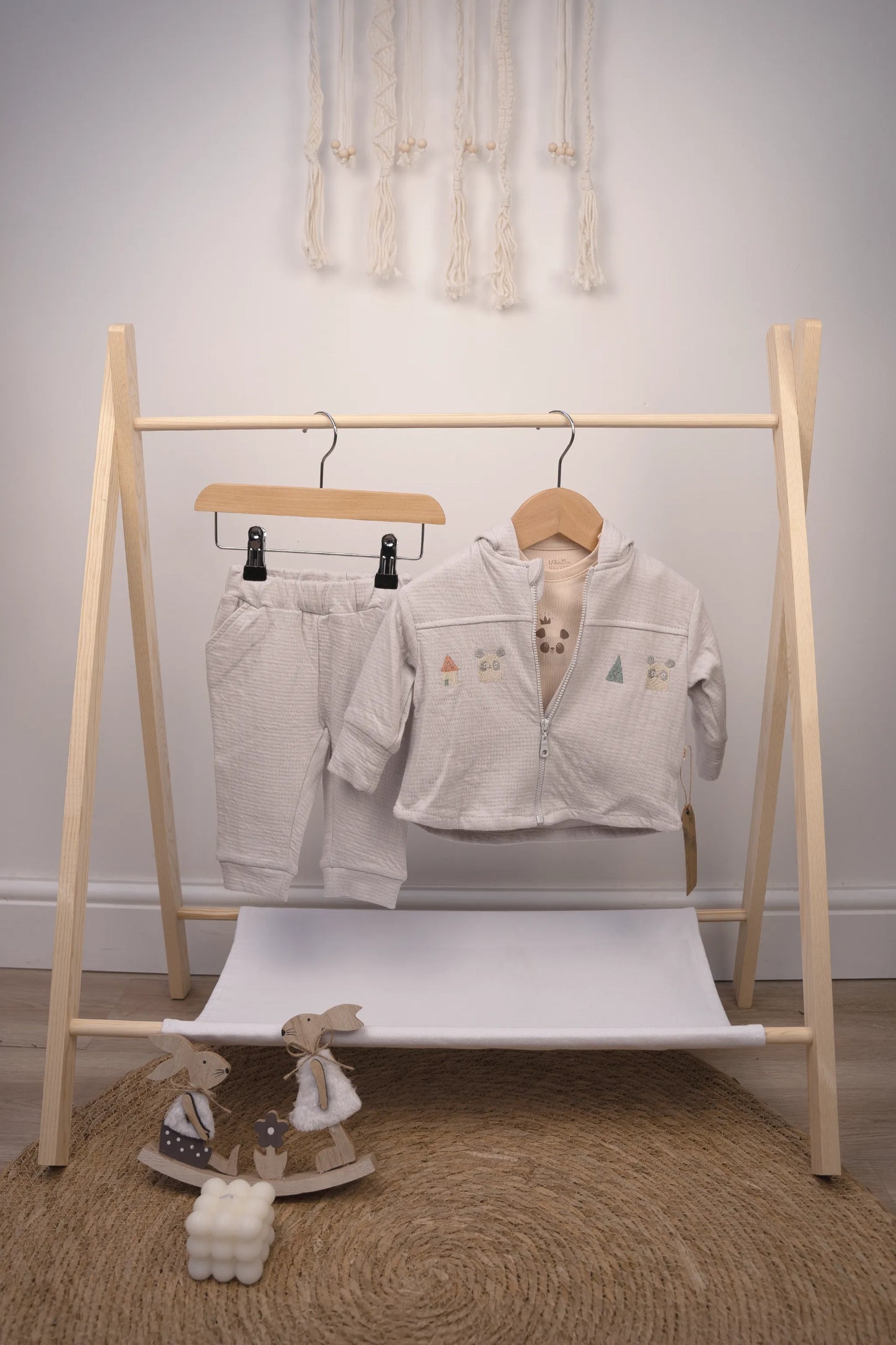 COTTON HOODED BABY ZIP-UP SET IN GRAY, BEIGE, GREEN, AND PEACH (0-12M)