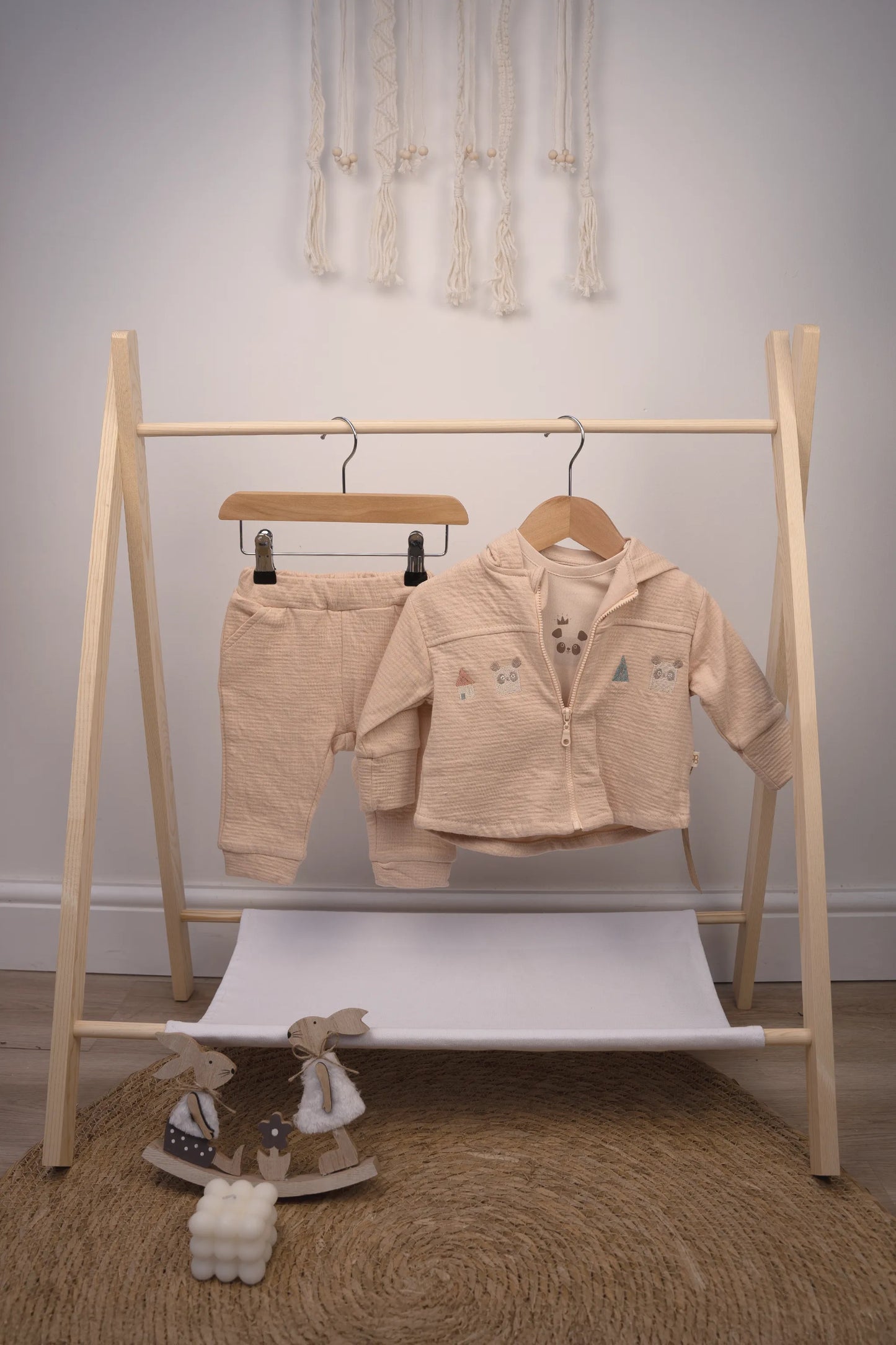COTTON HOODED BABY ZIP-UP SET IN GRAY, BEIGE, GREEN, AND PEACH (0-12M)