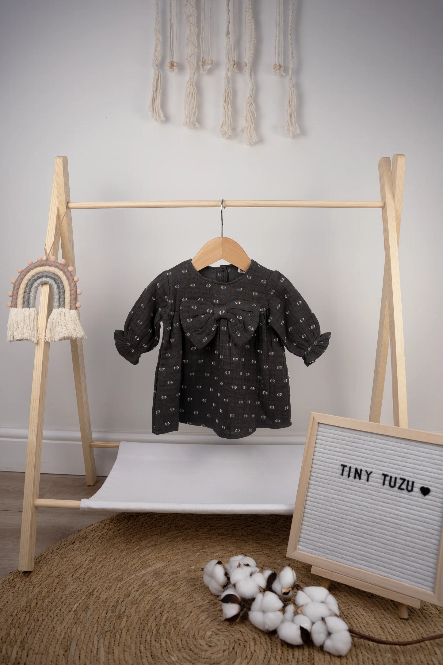 DELICATE BABY GIRL DRESS WITH BOW ACCENT - AVAILABLE IN CHARCOAL, WHITE, PINK, AND BEIGE