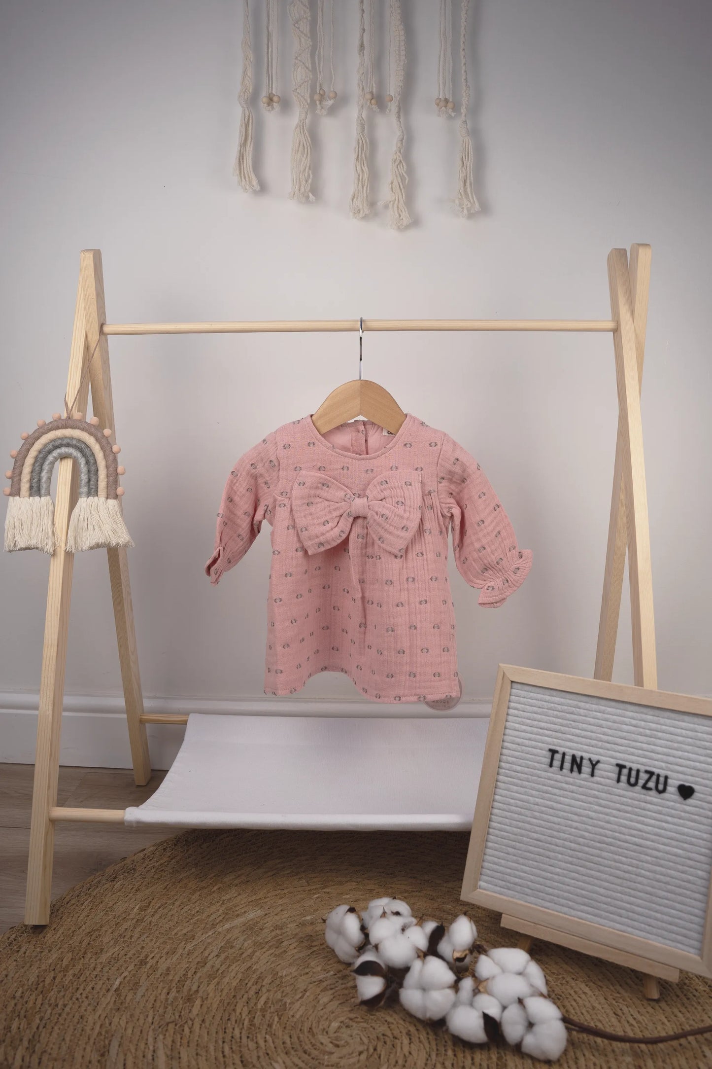 DELICATE BABY GIRL DRESS WITH BOW ACCENT - AVAILABLE IN CHARCOAL, WHITE, PINK, AND BEIGE