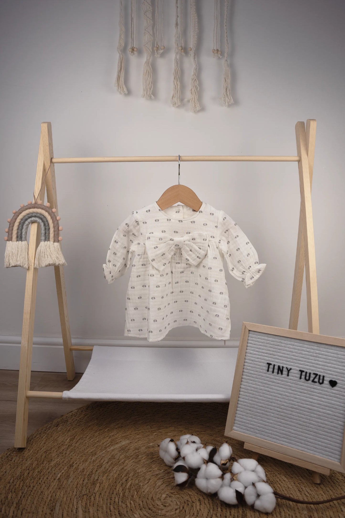 DELICATE BABY GIRL DRESS WITH BOW ACCENT - AVAILABLE IN CHARCOAL, WHITE, PINK, AND BEIGE