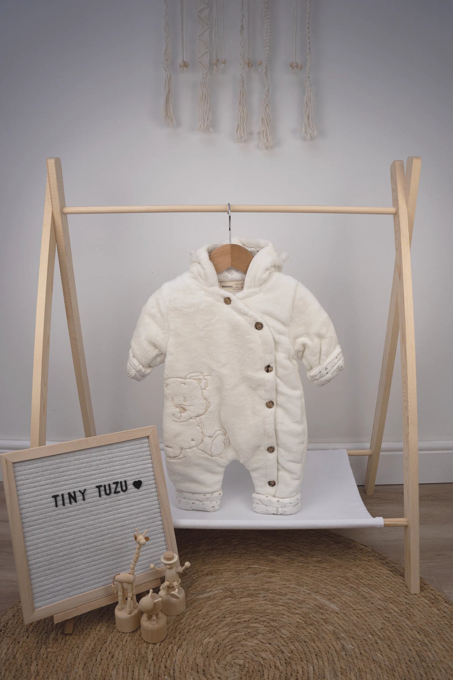 PLUSH HOODED BABY SNOWSUIT WITH BEAR DETAIL