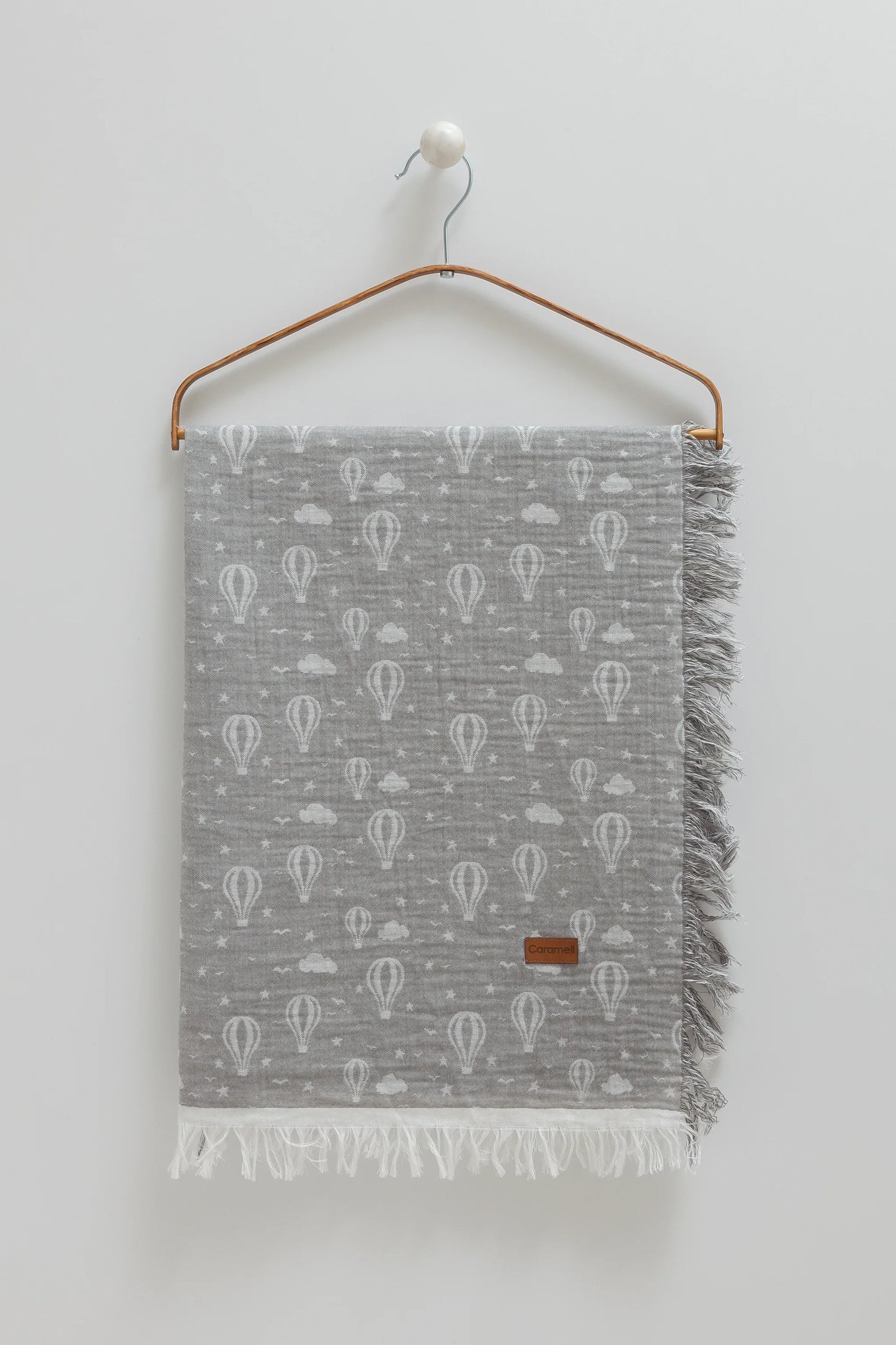 SOFT MUSLIN BABY BLANKET WITH HOT AIR BALLOON PRINT & FRINGED EDGES – GRAY, 120X120 CM