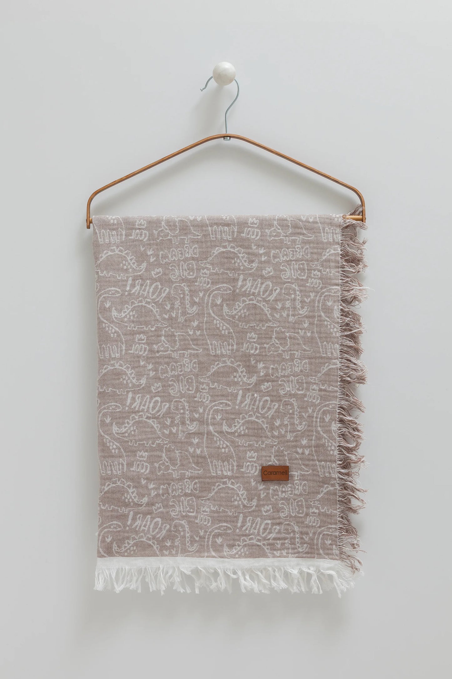 PLAYFUL MUSLIN BABY BLANKET WITH TYPOGRAPHY PRINT & FRINGED EDGES – BROWN & GREEN, 120X120 CM