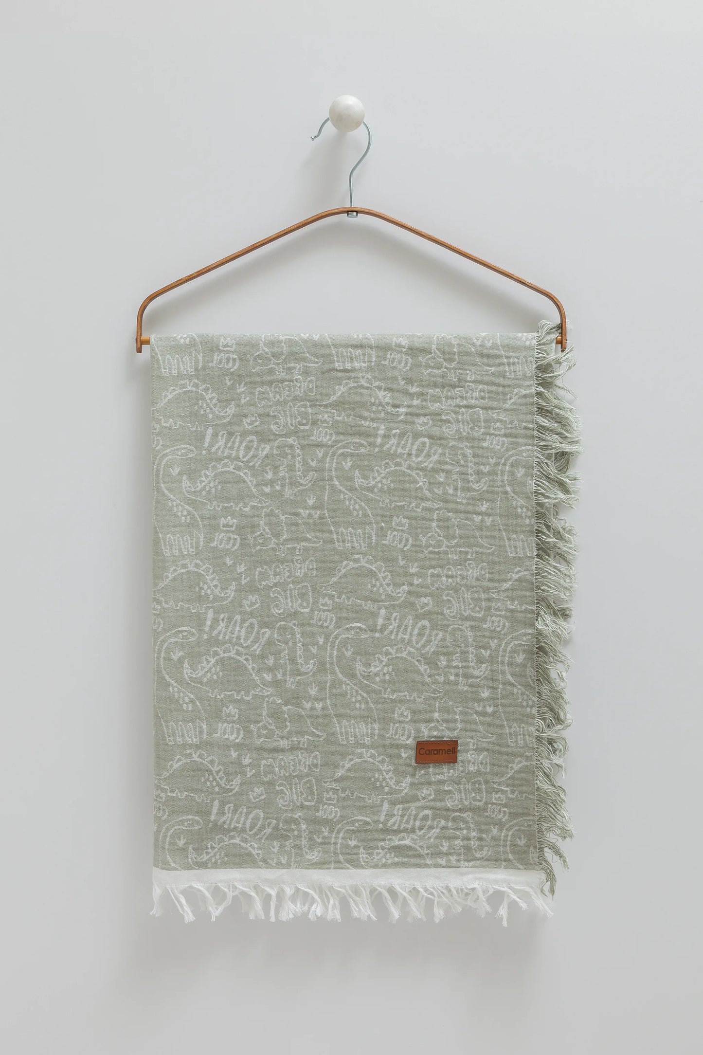 PLAYFUL MUSLIN BABY BLANKET WITH TYPOGRAPHY PRINT & FRINGED EDGES – BROWN & GREEN, 120X120 CM
