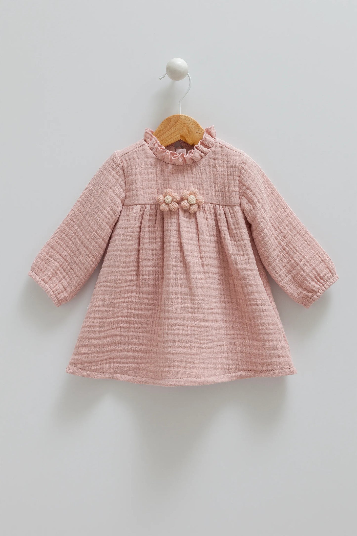 CHARMING LONG-SLEEVE BABY MUSLIN DRESS WITH RUFFLE NECKLINE - PINK, BEIGE & BROWN