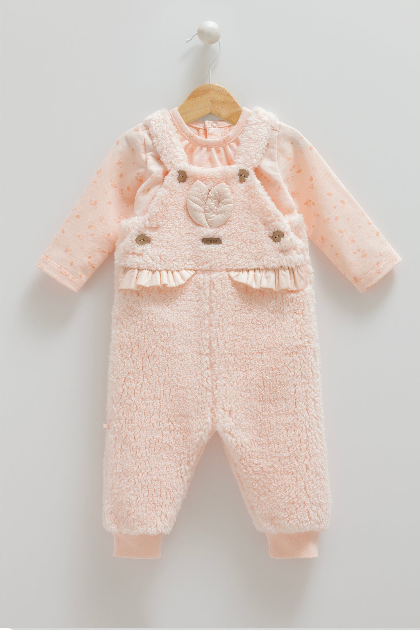 COZY PLUSH OVERALLS SET WITH LEAF DETAIL IN PEACH