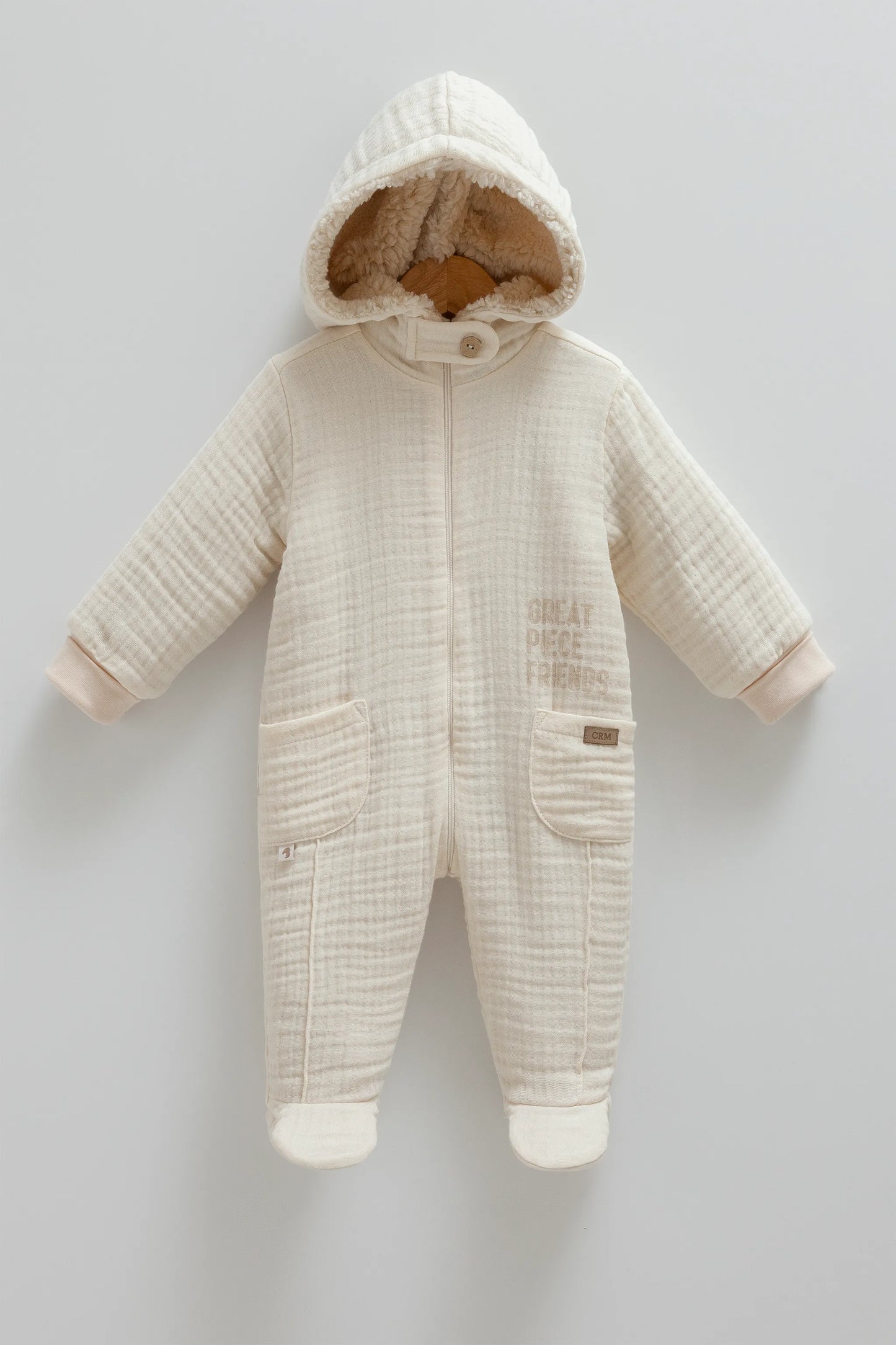 COZY HOODED BABY MUSLIN JUMPSUIT WITH SOFT FLEECE LINING - NAVY, BEIGE, GREY & BROWN