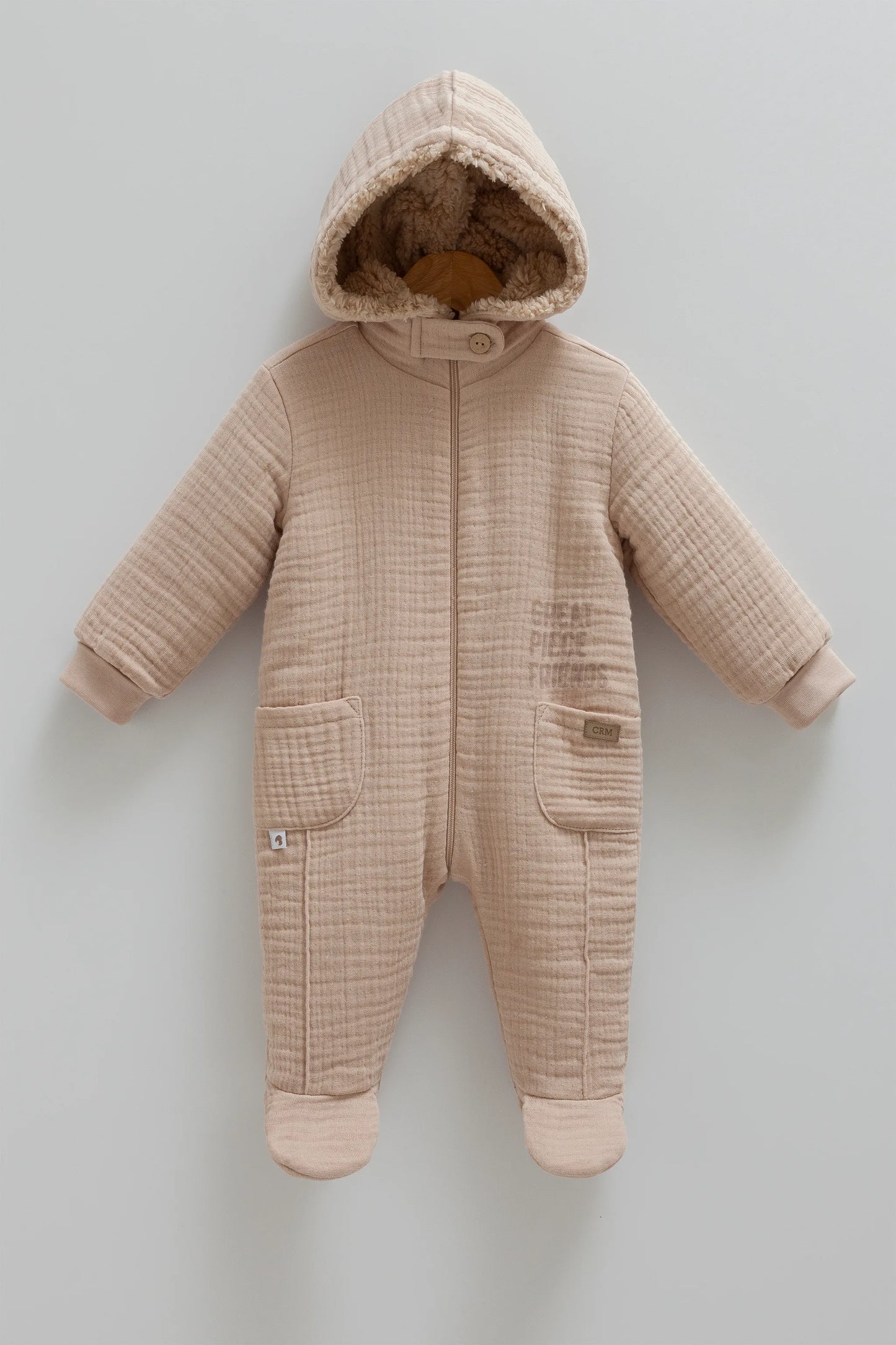 COZY HOODED BABY MUSLIN JUMPSUIT WITH SOFT FLEECE LINING - NAVY, BEIGE, GREY & BROWN