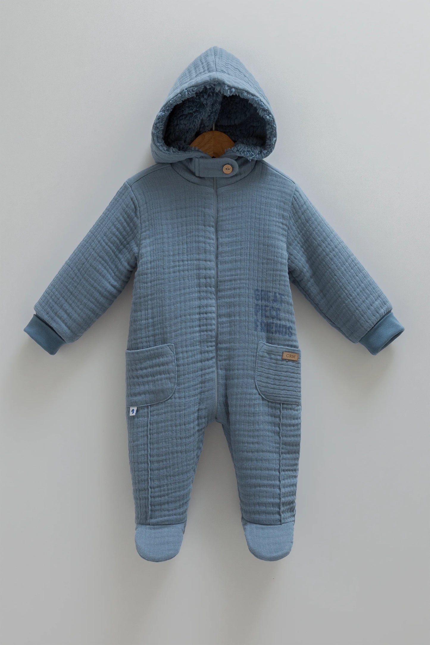 COZY HOODED BABY MUSLIN JUMPSUIT WITH SOFT FLEECE LINING - NAVY, BEIGE, GREY & BROWN