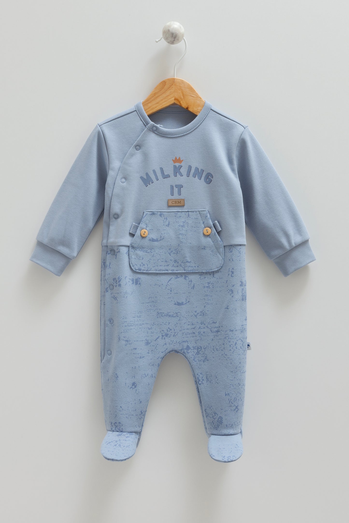 MILKING IT BABY ROMPER WITH ADORABLE SLOGAN & FRONT POCKET IN BLUE