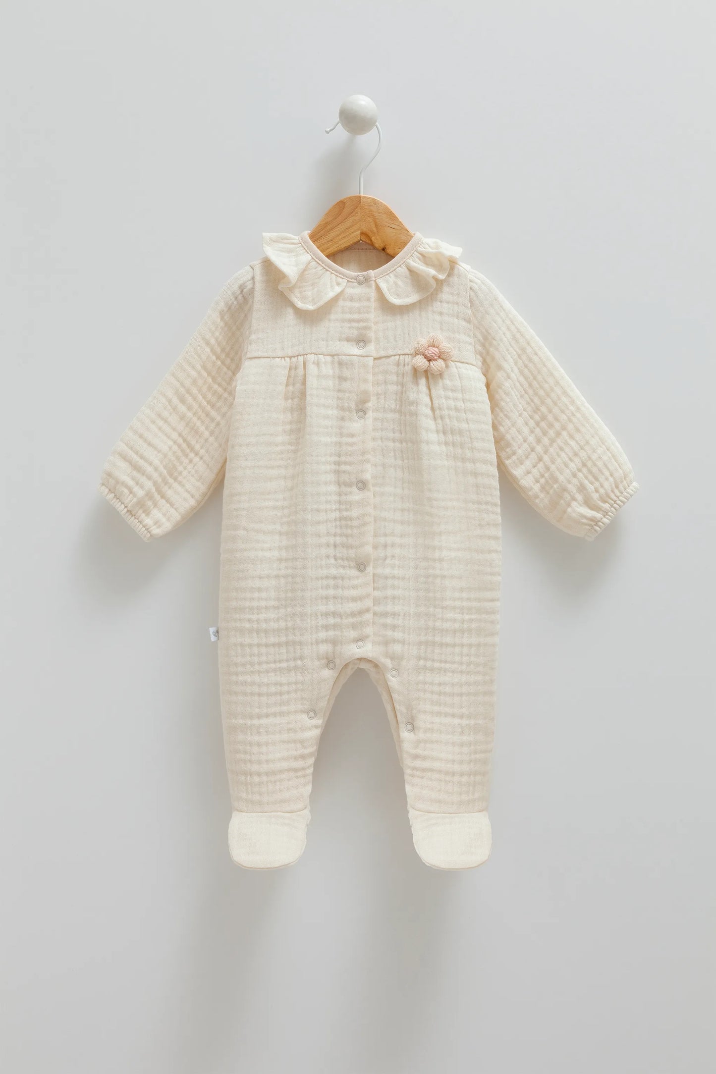 ADORABLE BABY MUSLIN JUMPSUIT WITH RUFFLED COLLAR AND SNAP BOTTOMS - PINK, BEIGE & BROWN