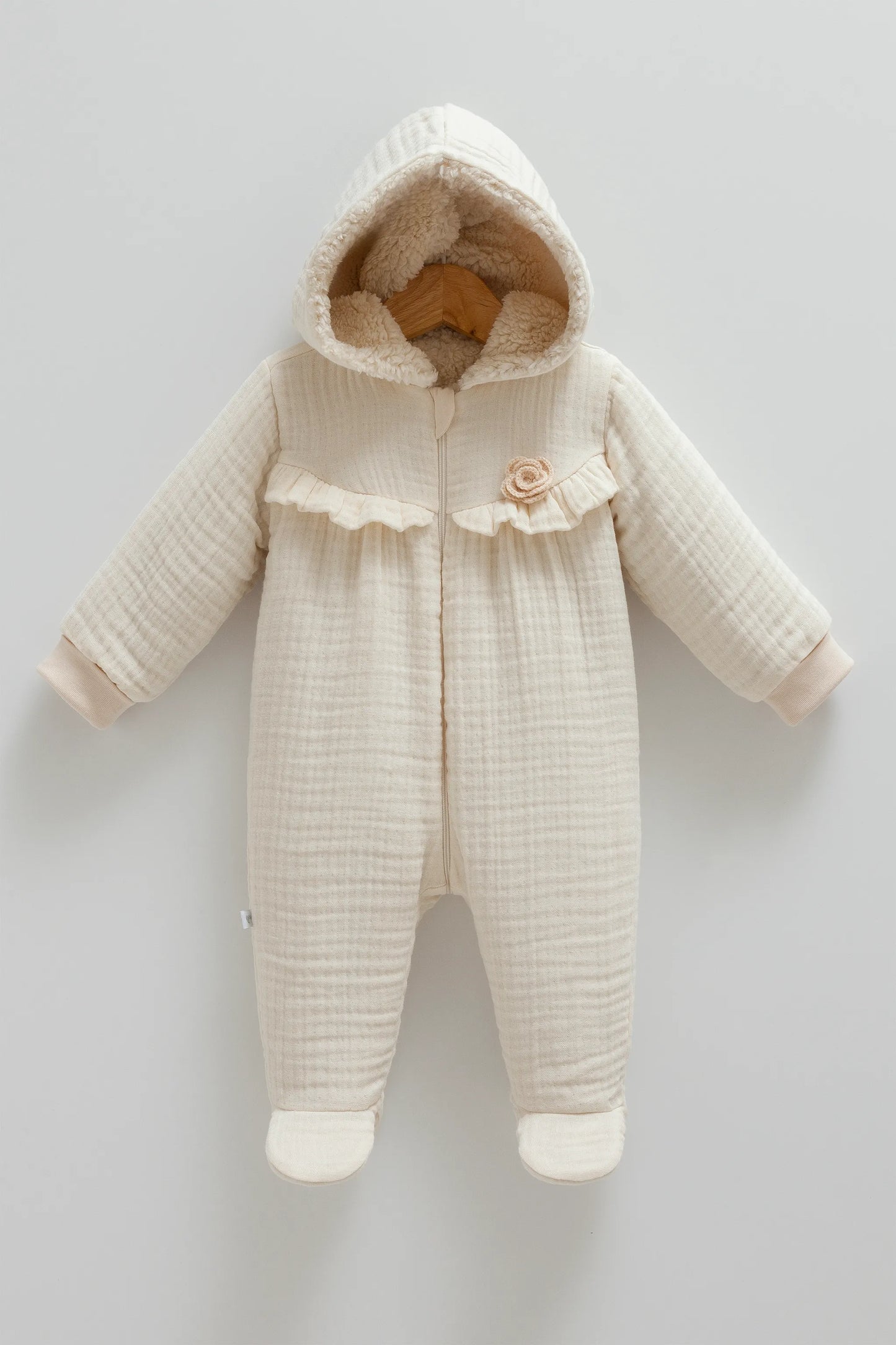 COZY HOODED BABY MUSLIN JUMPSUIT WITH SOFT INNER LINING AND ZIP CLOSURE - PINK, BEIGE & BROWN