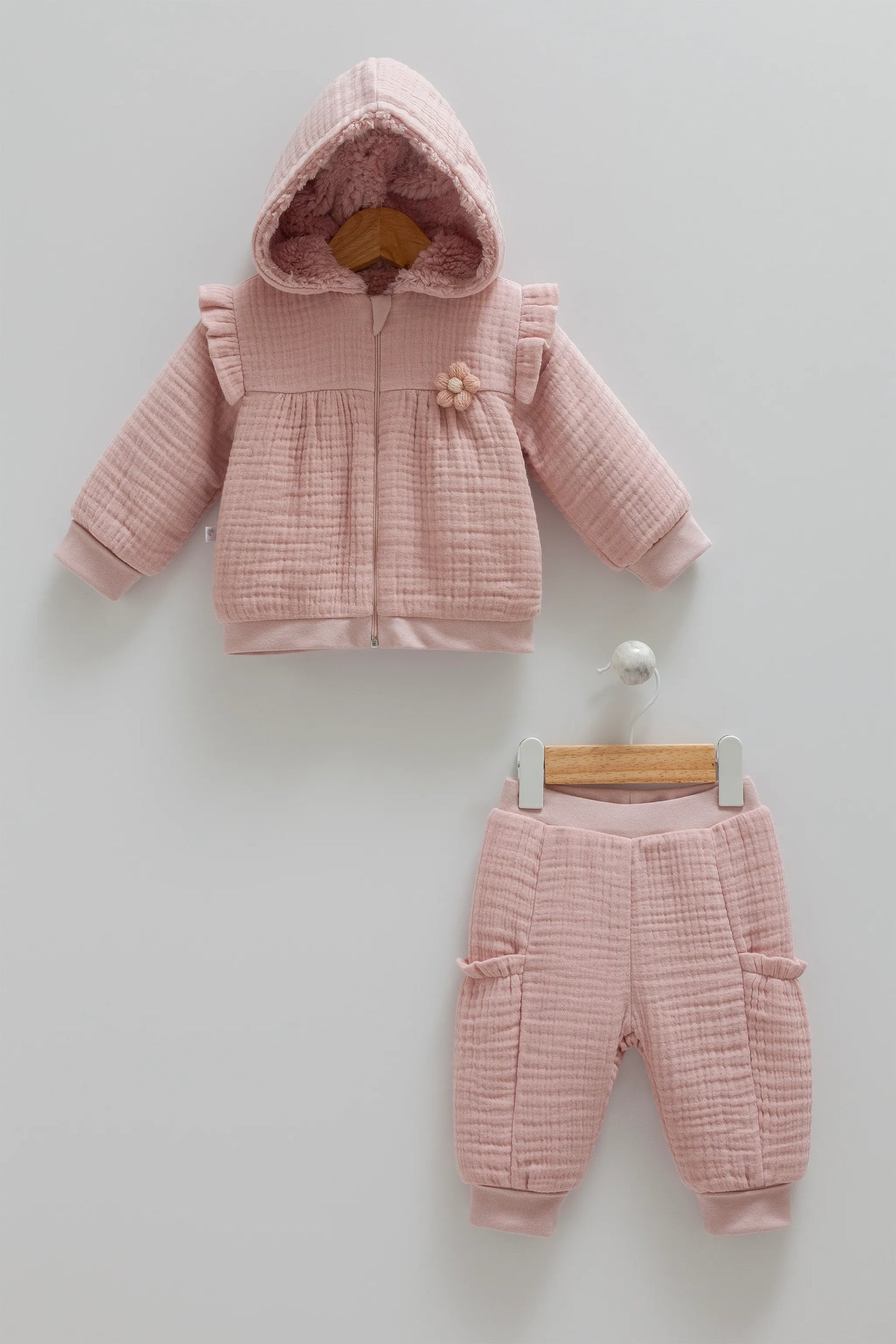 COZY HOODED BABY TWO-PIECE MUSLIN OUTFIT - JACKET AND PANTS SET WITH SOFT INNER LINING