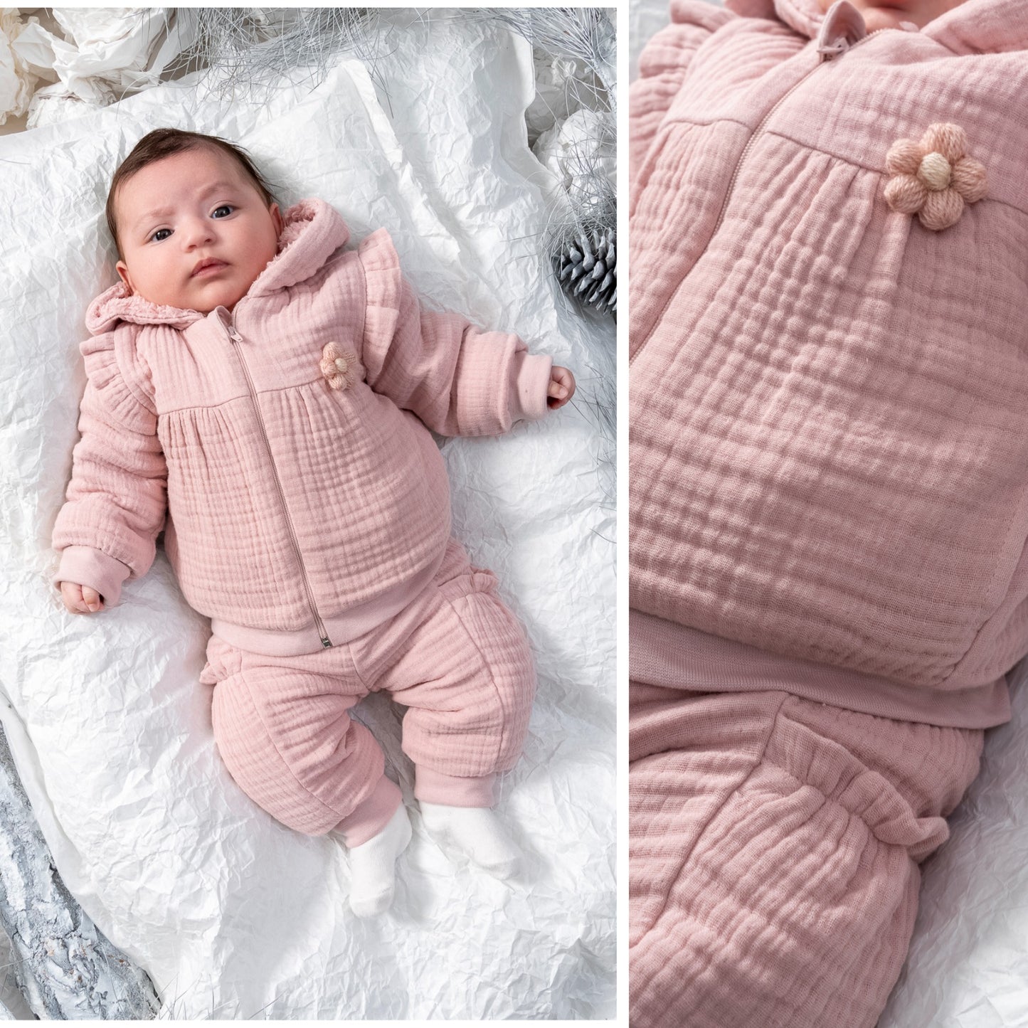 COZY HOODED BABY TWO-PIECE MUSLIN OUTFIT - JACKET AND PANTS SET WITH SOFT INNER LINING