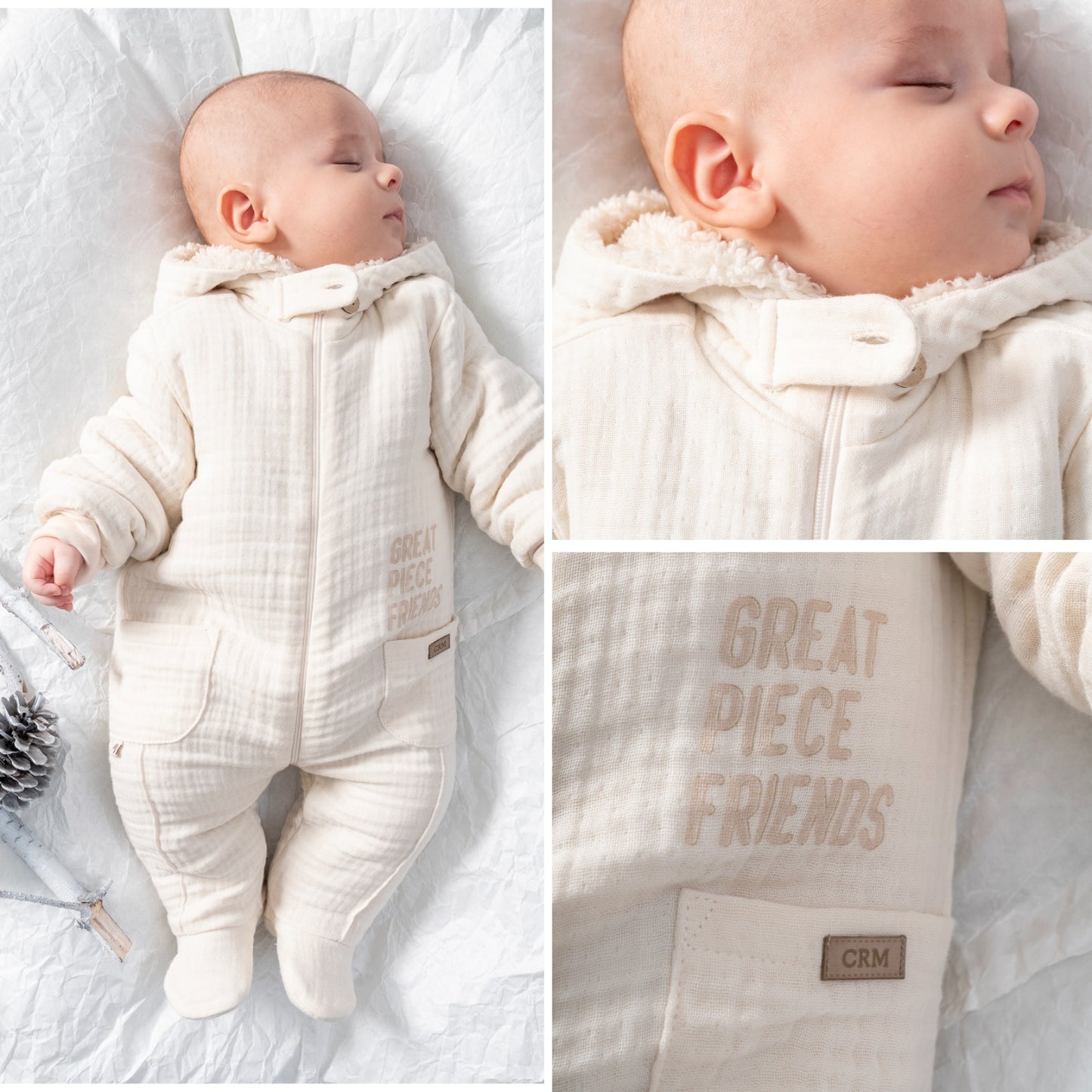 COZY HOODED BABY MUSLIN JUMPSUIT WITH SOFT FLEECE LINING - NAVY, BEIGE, GREY & BROWN