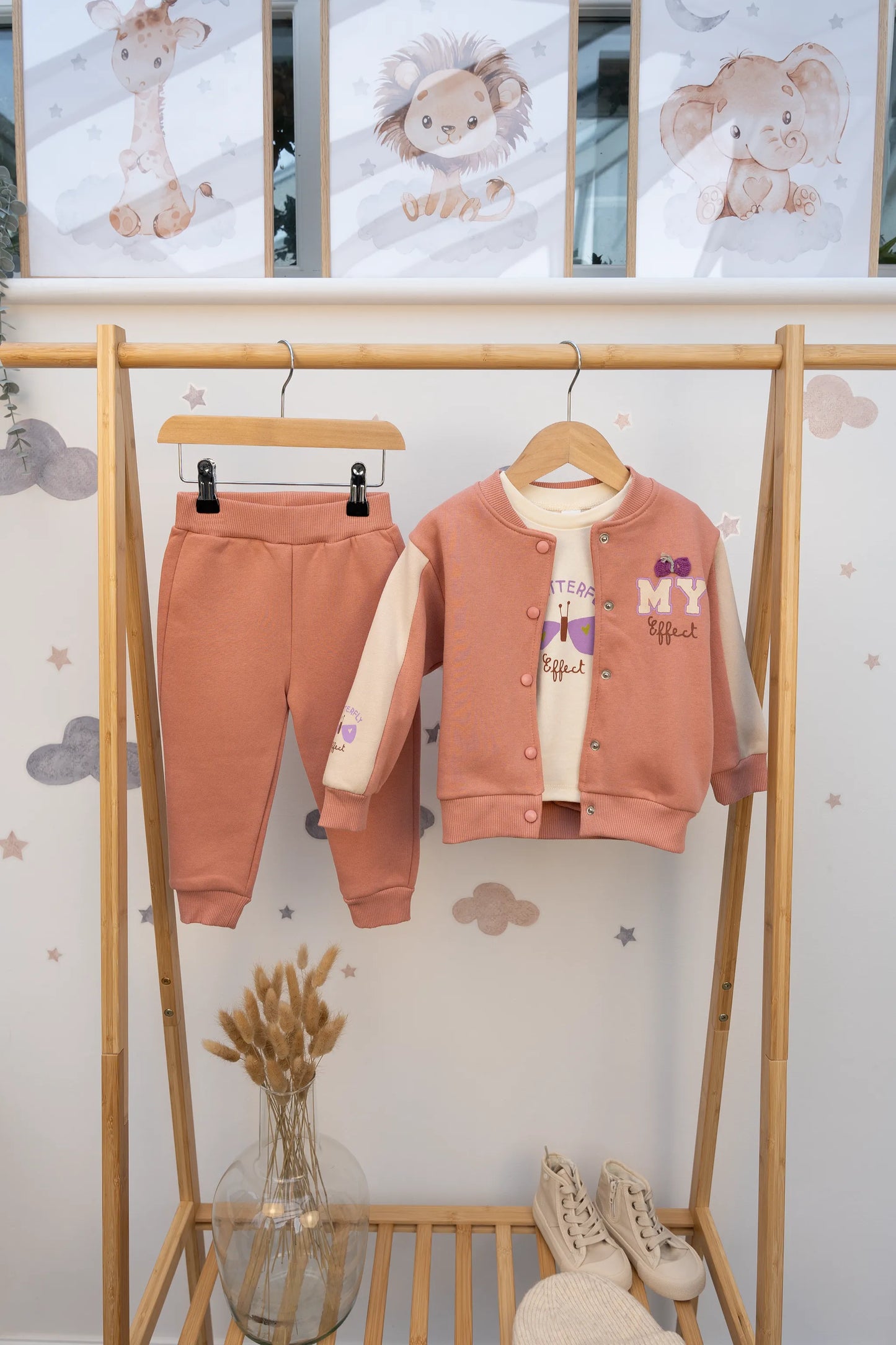 MY BUTTERFLY EFFECT BABY OUTFIT SET KHAKI, PURPLE & SALMON (6-24M)