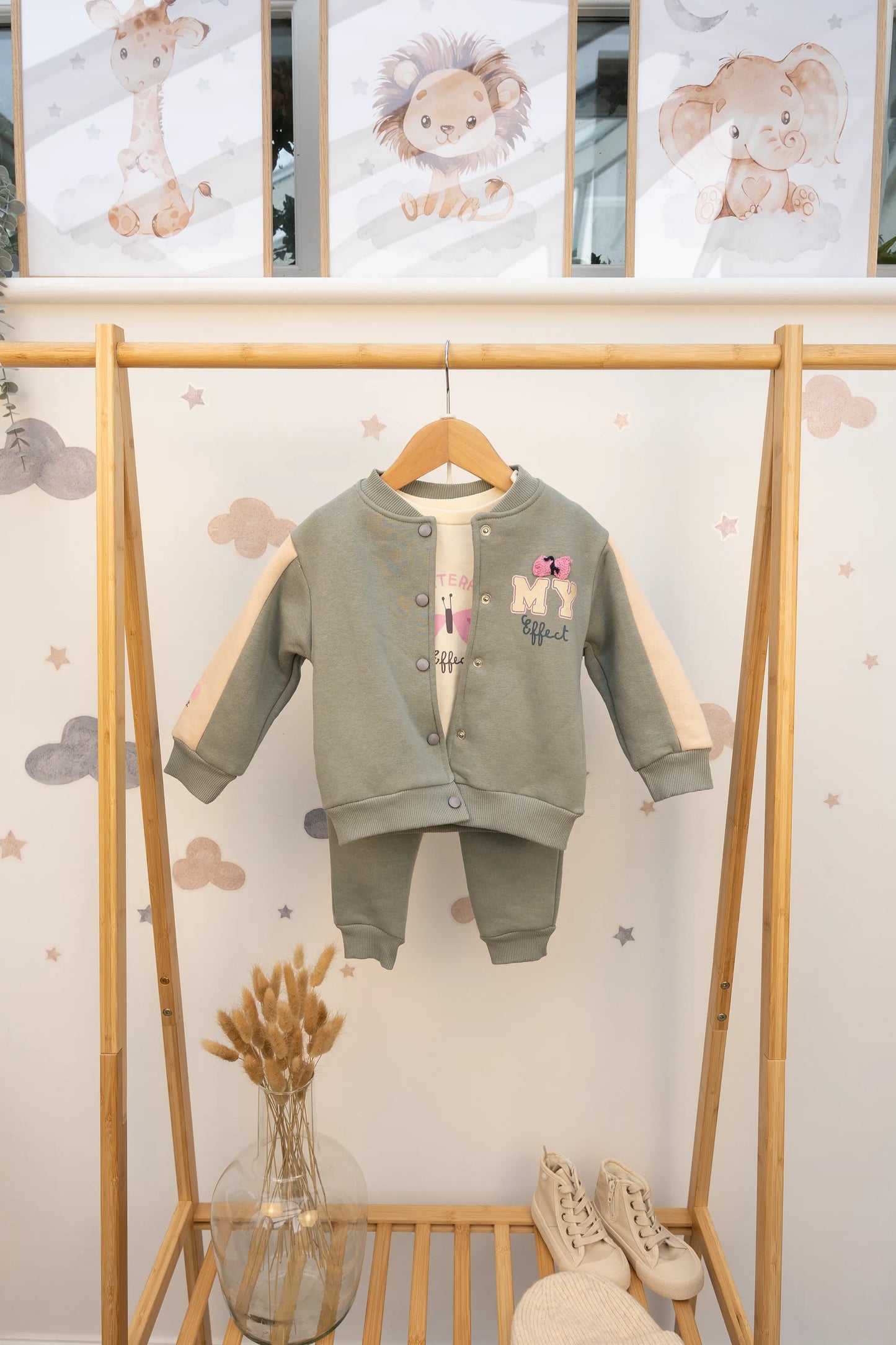 MY BUTTERFLY EFFECT BABY OUTFIT SET KHAKI, PURPLE & SALMON (6-24M)