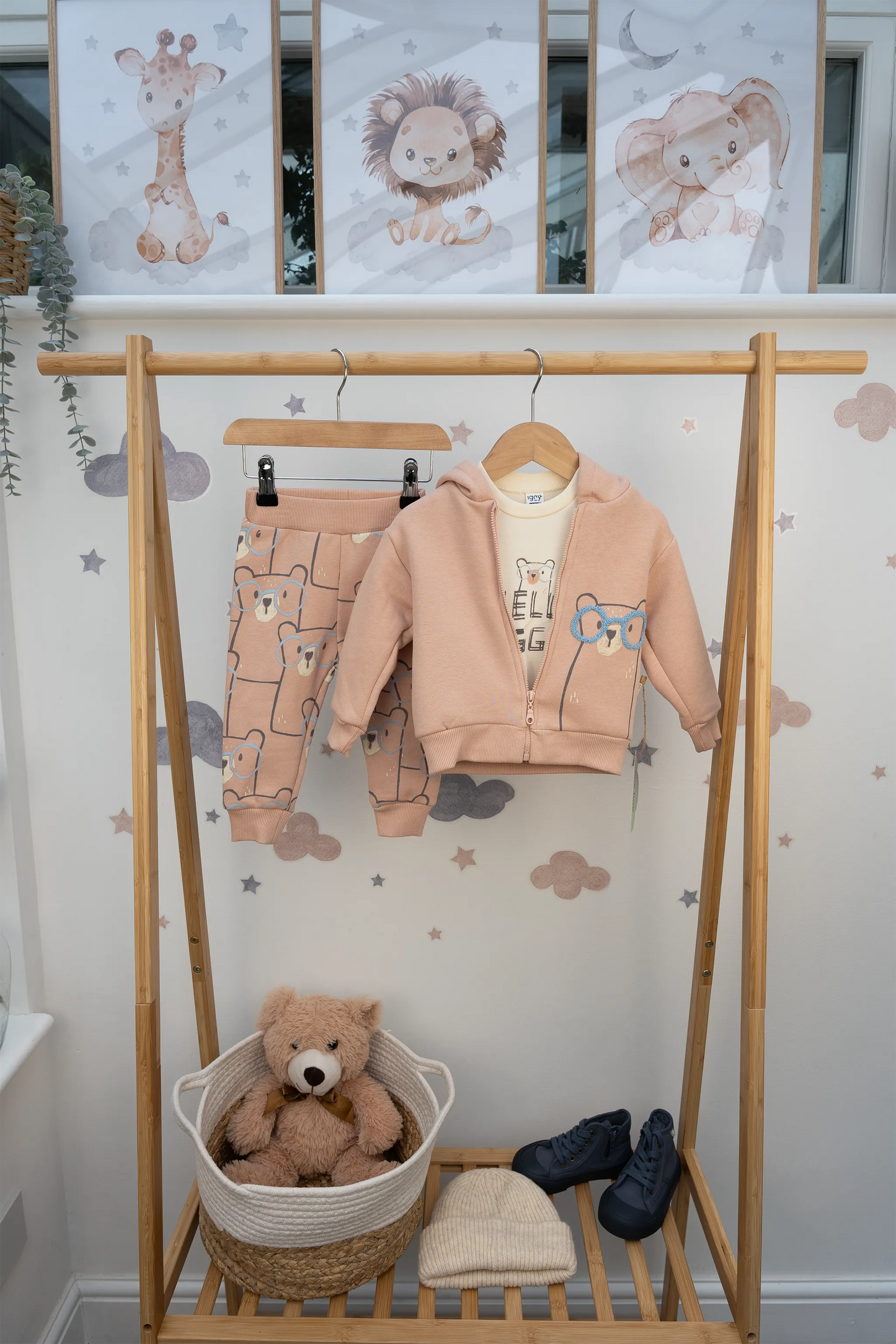 BEAR PRINT 3-PIECE HOODED JACKET, TROUSERS, AND T-SHIRT SET (6-24M)