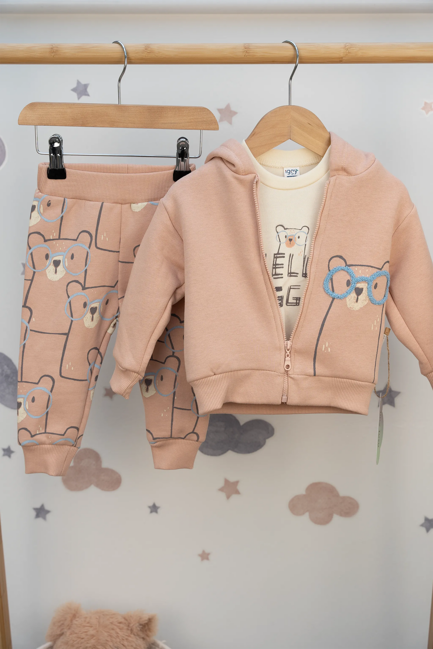 BEAR PRINT 3-PIECE HOODED JACKET, TROUSERS, AND T-SHIRT SET (6-24M)