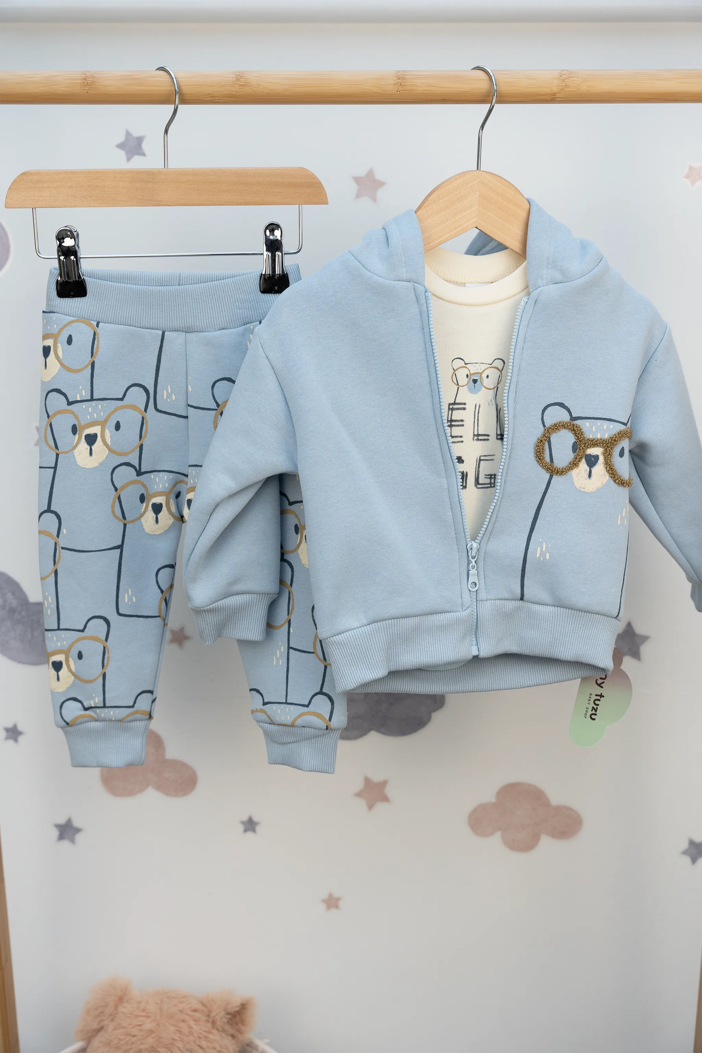 BEAR PRINT 3-PIECE HOODED JACKET, TROUSERS, AND T-SHIRT SET (6-24M)