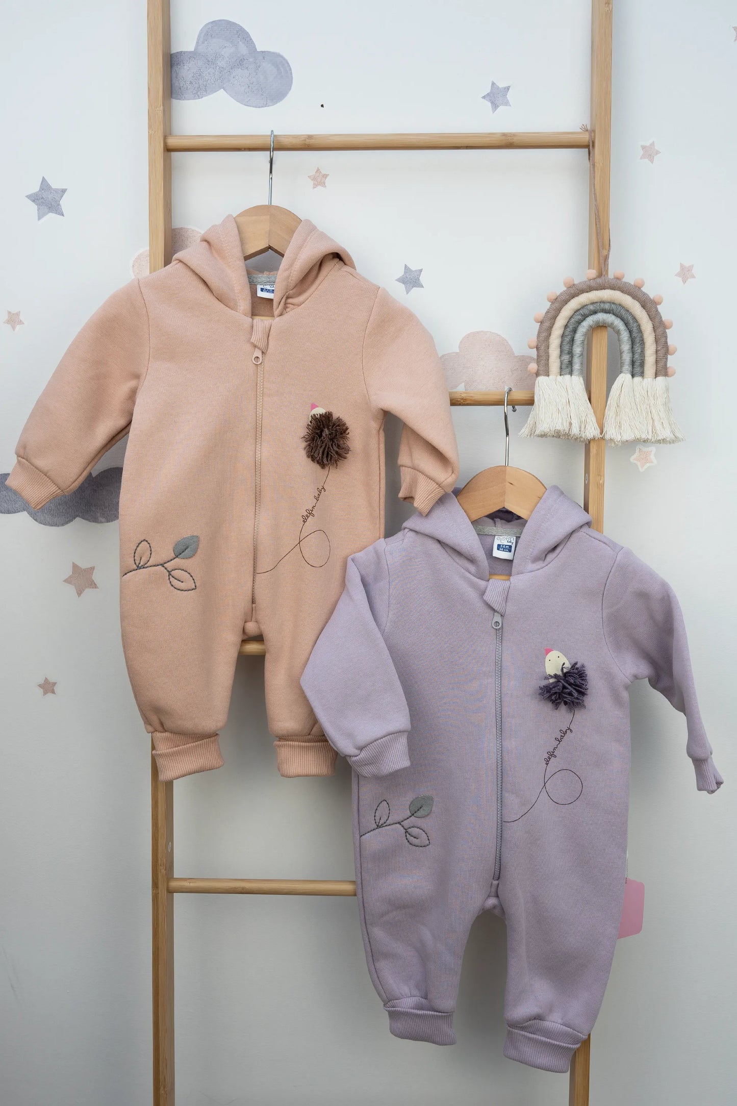 LILAC & SALMON HOODED BABY ROMPERS WITH EMBROIDERED BIRD & LEAF DESIGN (3-18M)