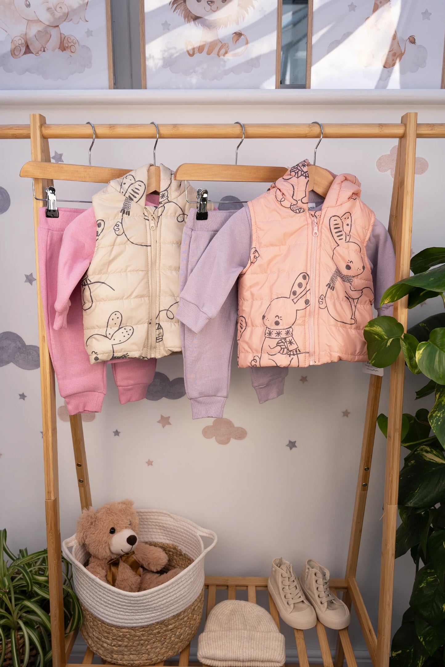 BUNNY HOODED 3-PIECE QUILTED OUTFIT SET – PINK & PURPLE (6-24M)