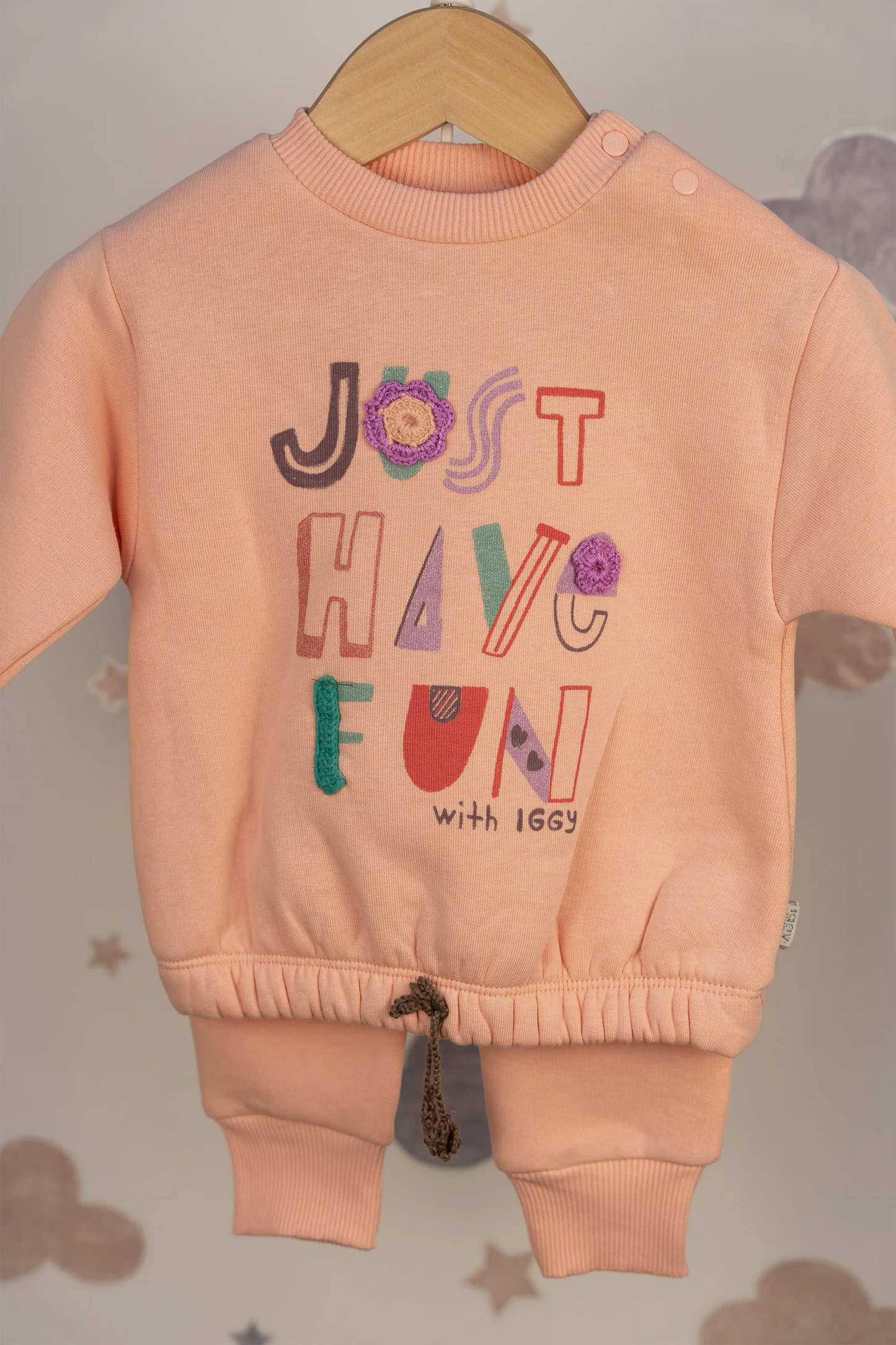 JUST HAVE FUN EMBROIDERED BABY GIRL 3 THREAD SWEATSHIRT & JOGGER TROUSERS SET (6-24M)
