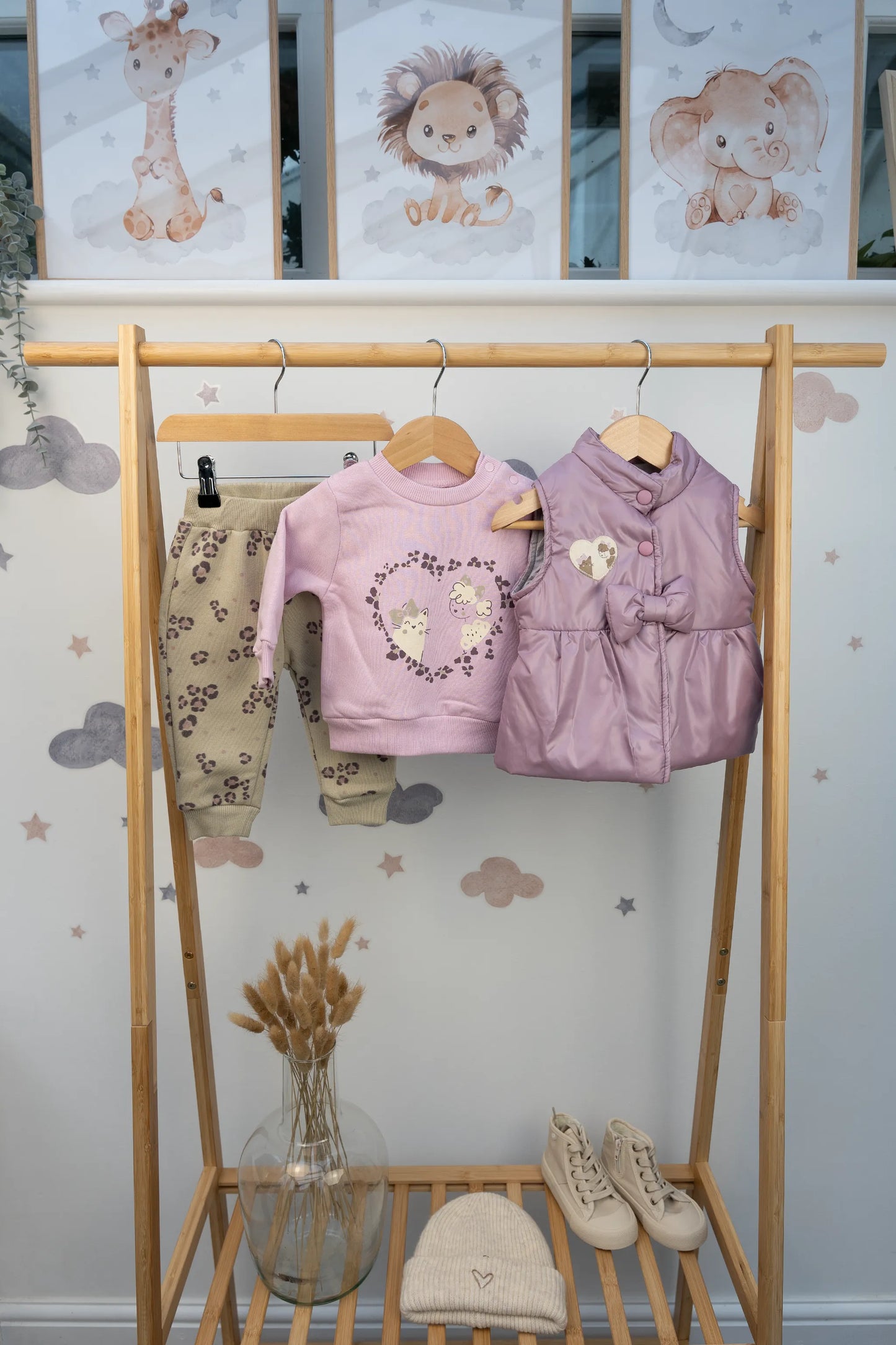 3-PIECE COTTON WINTER BABY OUTFIT SET – PINK AND PURPLE (6-24M)