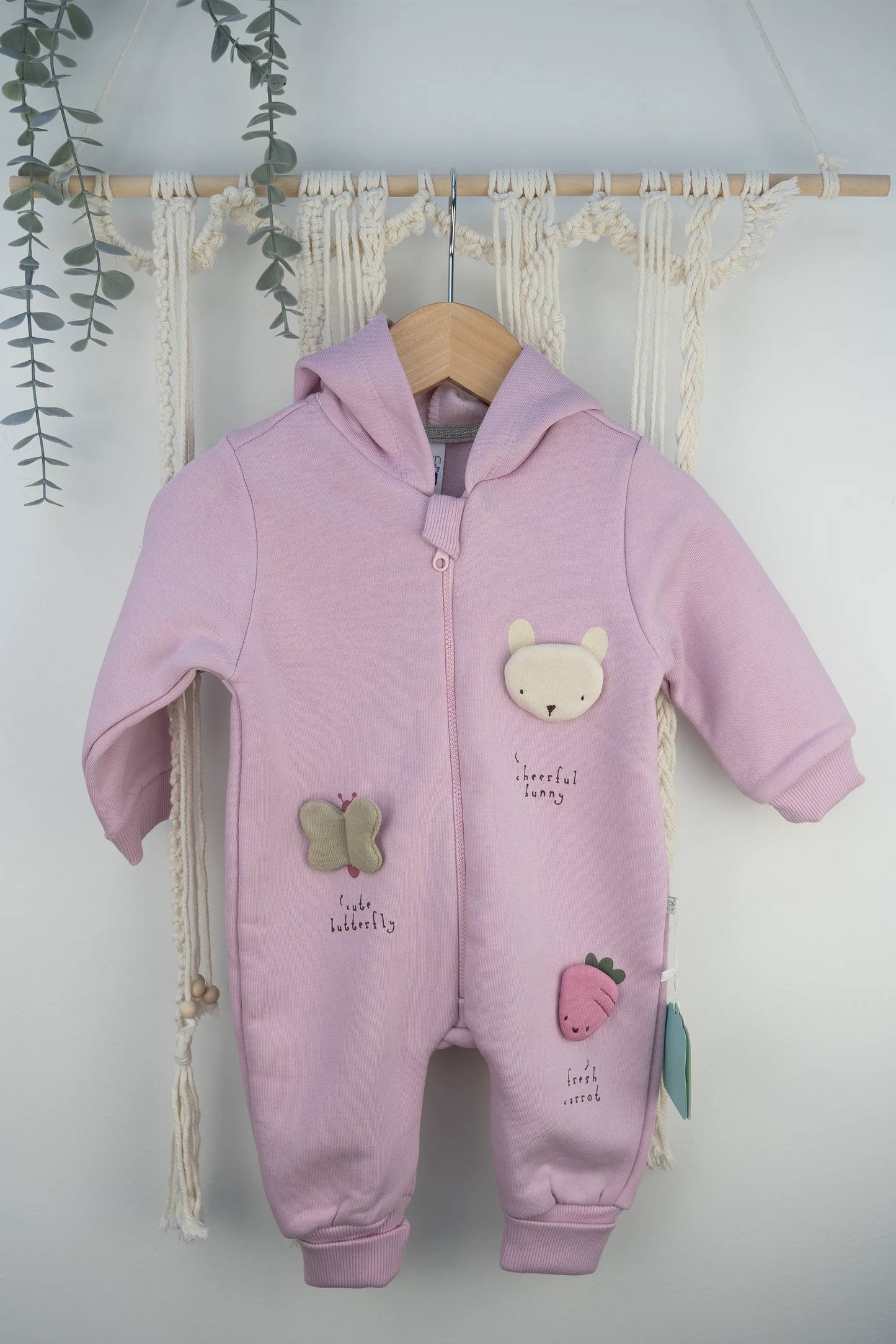 PINK & BEIGE HOODED BABY ROMPERS WITH 3D BUNNY, BUTTERFLY, AND CARROT DETAILS (3-18M)