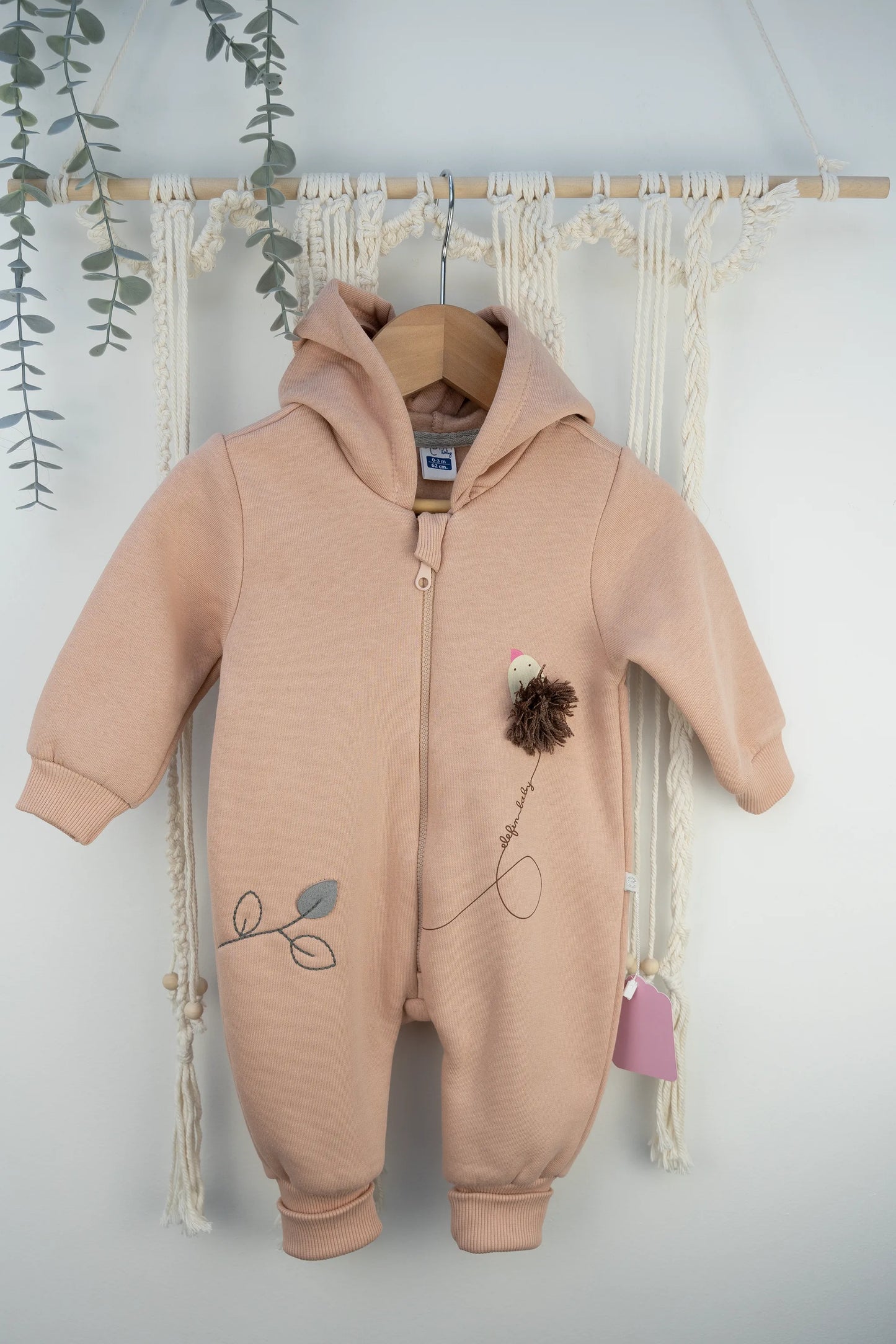 LILAC & SALMON HOODED BABY ROMPERS WITH EMBROIDERED BIRD & LEAF DESIGN (3-18M)