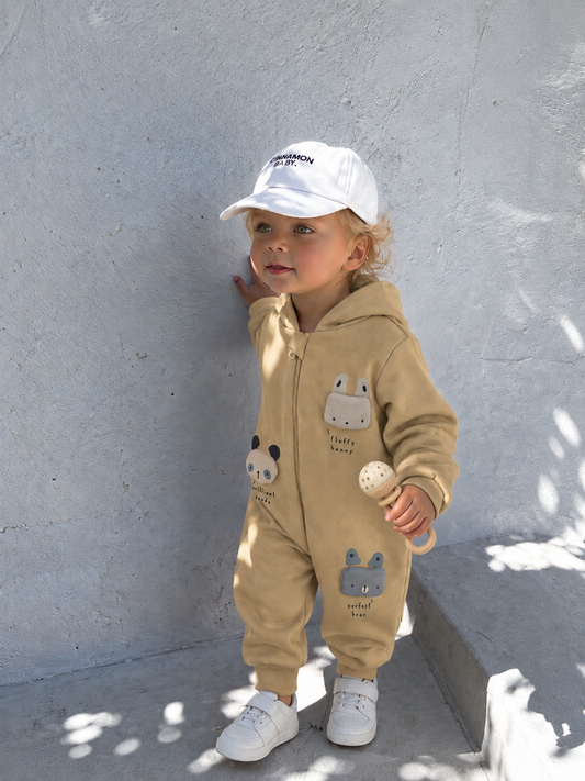 HOODED ZIPPERED BABY ROMPER WITH 3D ANIMAL PATCHES (0-12M)