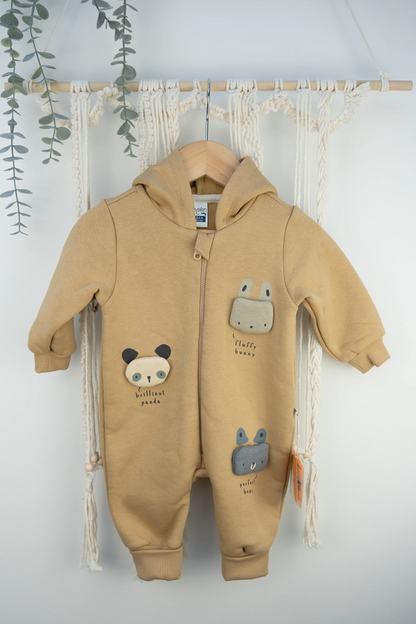 HOODED ZIPPERED BABY ROMPER WITH 3D ANIMAL PATCHES (3-18M)