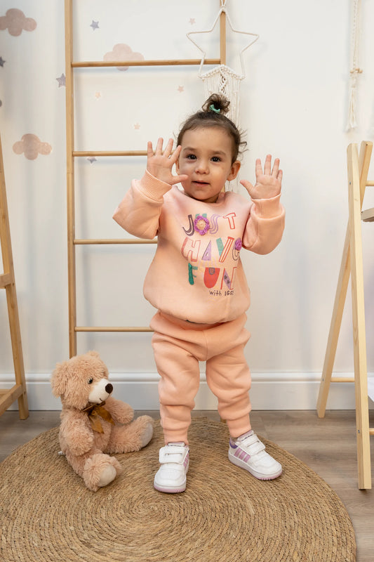 JUST HAVE FUN EMBROIDERED BABY GIRL 3 THREAD SWEATSHIRT & JOGGER TROUSERS SET (6-24M)