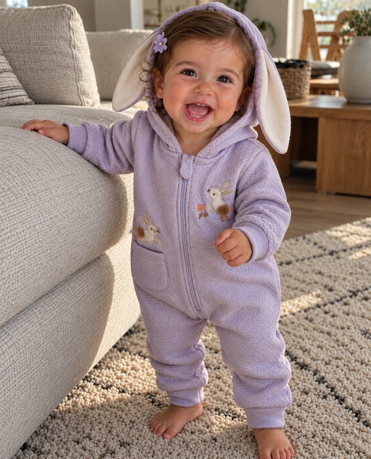 LILAC, PEACH & PURPLE HOODED BABY ROMPERS WITH BUNNY EARS AND EMBROIDERED DETAILS (0-12M)