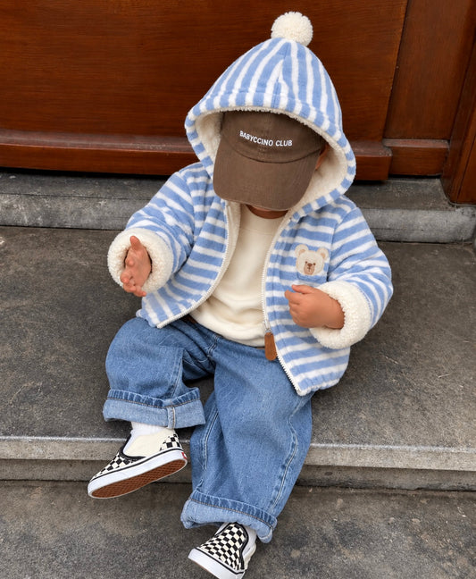 Blue Striped Baby Hooded Jacket With Bear Patch - 0 to 12 Months