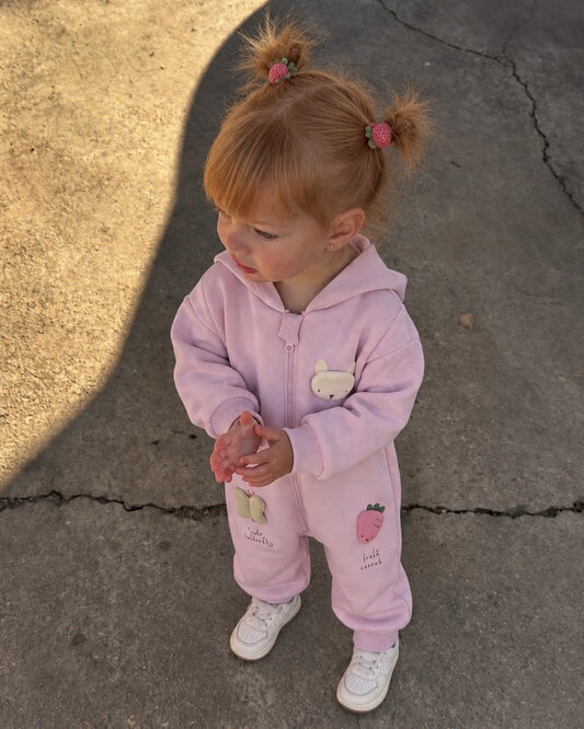 PINK & BEIGE HOODED BABY ROMPERS WITH 3D BUNNY, BUTTERFLY, AND CARROT DETAILS (0-12M)