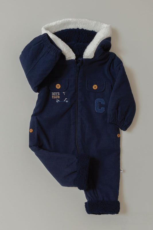 NAVY BLUE HOODED BABY JUMPSUIT WITH FLEECE LINING & ‘BOYS CLUB’ SLOGAN