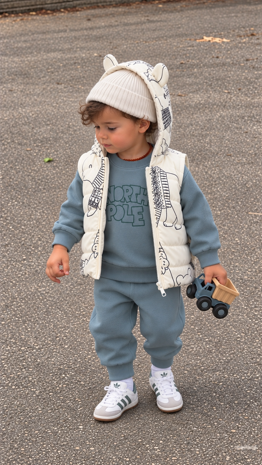 NORTH POLE ANIMAL-PRINT 3-PIECE QUILTED OUTFIT SET – BLUE & BEIGE (6-24M)