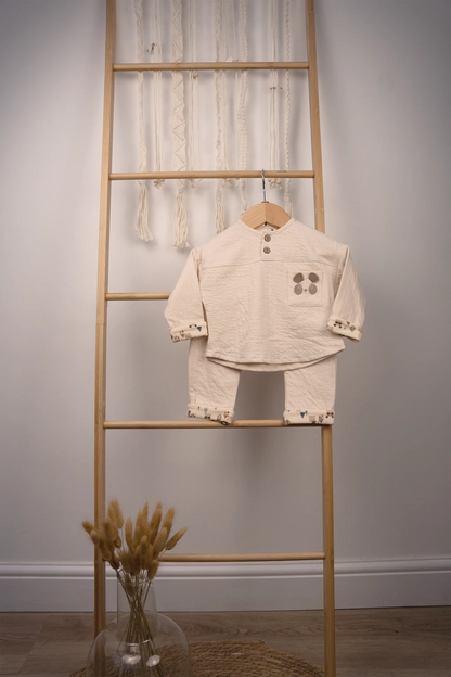 100% COTTON 2-PIECE BABY SET WITH PANDA EMBROIDERY & PRINTED CUFFS – GRAY, PEACH & BEIGE