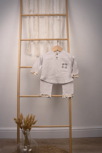 100% COTTON 2-PIECE BABY SET WITH PANDA EMBROIDERY & PRINTED CUFFS – GRAY, PEACH & BEIGE