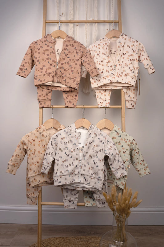 3-PIECE 100% COTTON PANDA HOODED OUTFIT SET – GRAY, GREEN, BEIGE, SALMON, AND PEACH