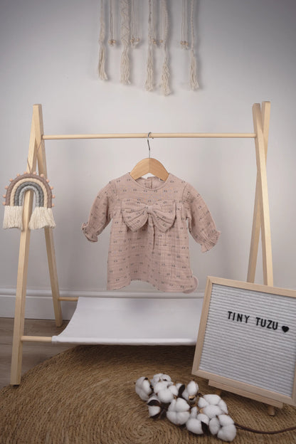 DELICATE BABY GIRL DRESS WITH BOW ACCENT - AVAILABLE IN CHARCOAL, WHITE, PINK, AND BEIGE